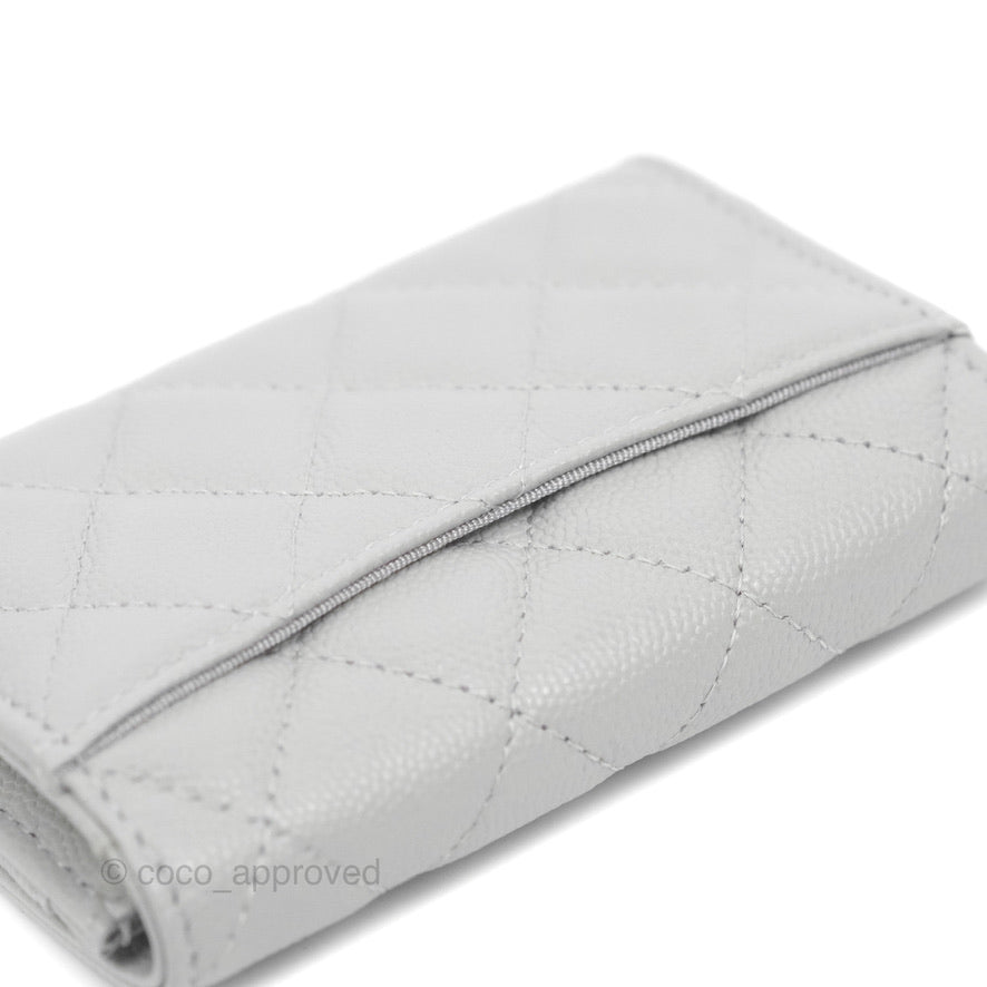 Chanel Caviar Quilted Flap Card Holder Wallet - Grey with Gold Hardware (21A Collection) | Luxury Compact Wallet for Everyday Use & Travel Essentials