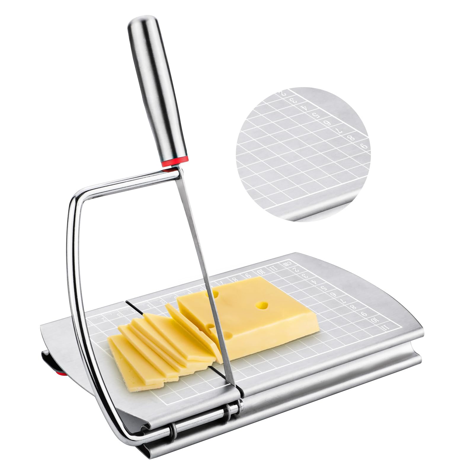 Premium Stainless Steel Cheese Slicer & Cutter Board with Sharp Blade - Multi-Purpose Food Slicer for Cheese, Butter, Sausage, Ham - Includes Measurement Scale for Precise Cuts - Perfect for Kitchen, Charcuterie Boards & Party Platters