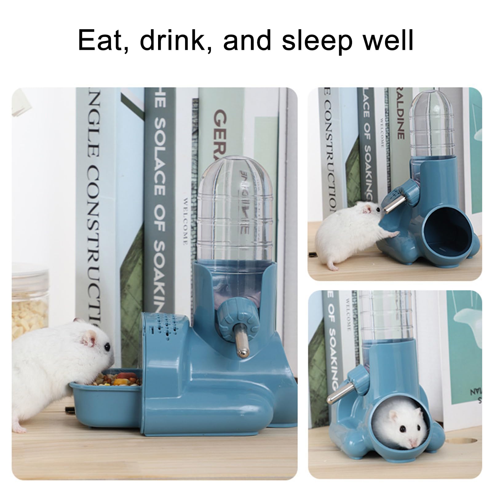 **3-in-1 Automatic Water Bottle Dispenser with Food Container & Base Hut for Hamsters, Mice, Rats, Hedgehogs – Free Standing, 120ml (Blue) – Perfect for Small Pet Cages & Habitats**