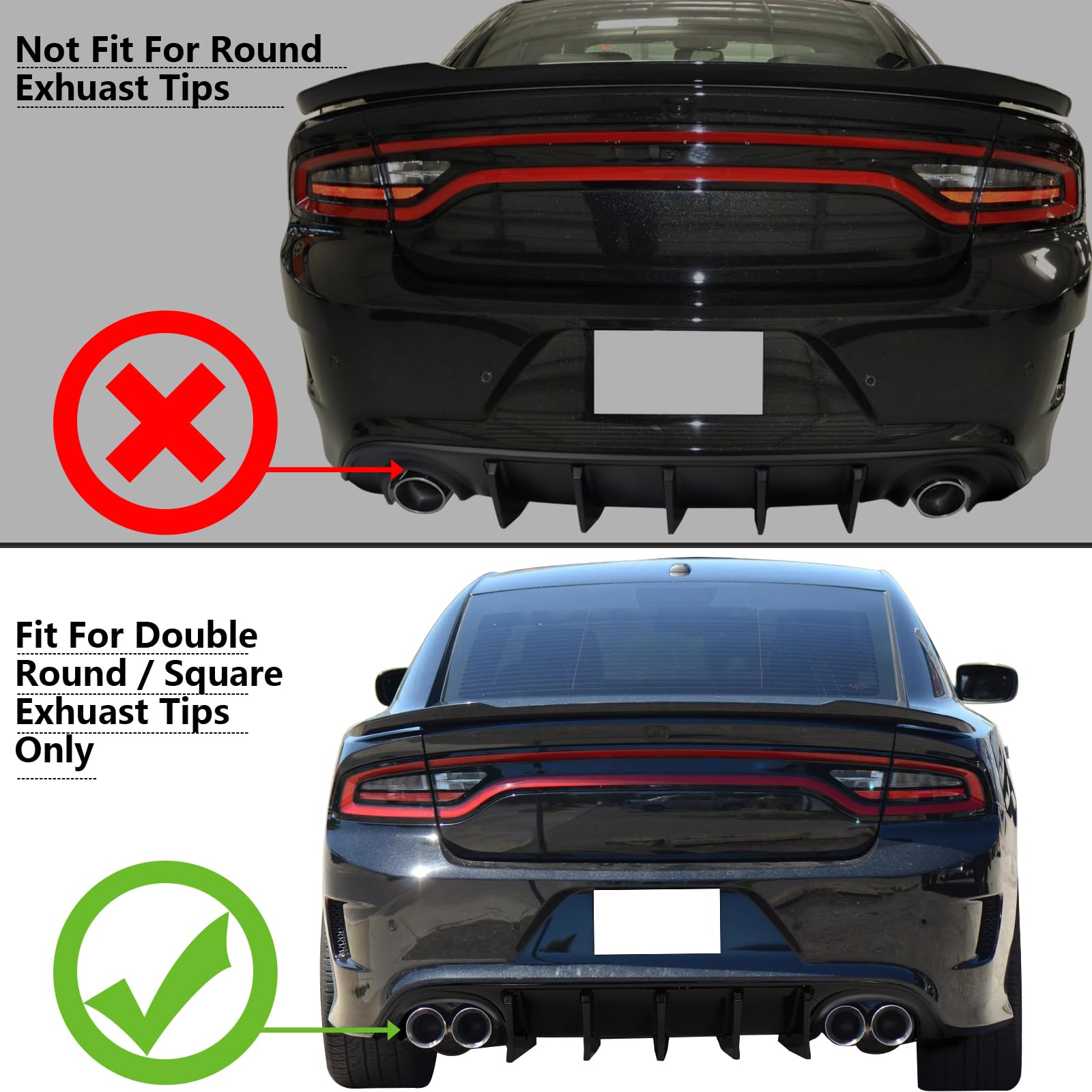 **FREEMOTOR802 Rear Diffuser Quad Exhaust Tips for 2015-2023 Dodge Charger | IKON V2 Style Carbon Fiber Print | 2PCS Bumper Lip Shark Fins (PP Material) – Upgrade Your Car’s Rear Styling for Sporty Look & Performance**