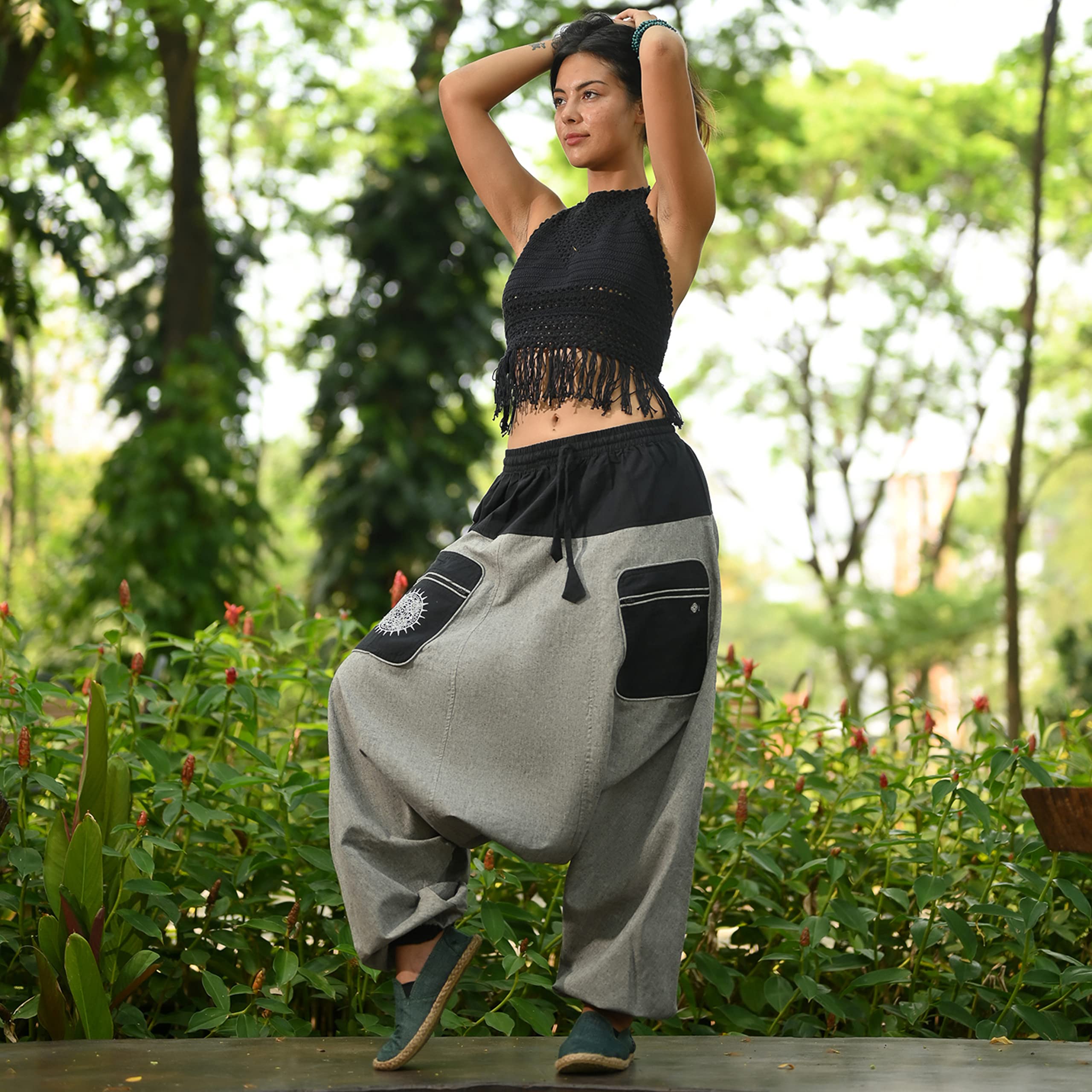 Virblatt Harem Pants for Men & Women - Soft Cotton Drop Crotch Genie Pants | Aladdin Style Hippie & Rave Wear | Perfect for Yoga, Meditation & Festival Outfits