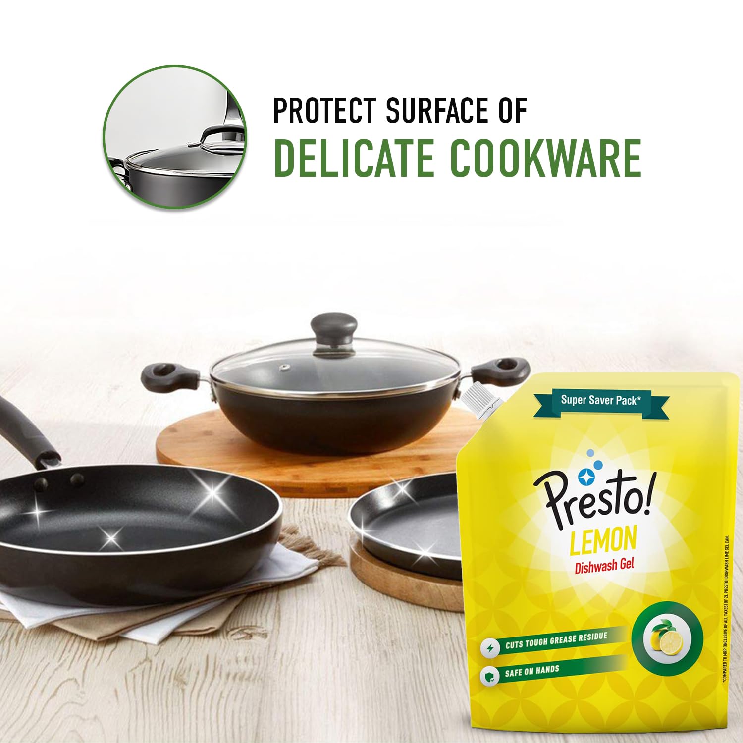 Presto! Lemon Dishwashing Gel Refill Pouch - 2L Grease-Fighting Formula | Residue-Free & Odor Eliminator | Works on Pots, Pans & Utensils | Ideal for Kitchen, Camping & RV Use