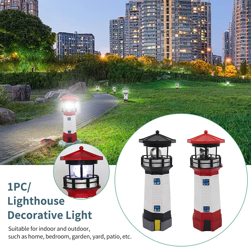 Solar Powered Rotating Lighthouse Garden Statue - 27cm Waterproof Resin Outdoor Decor with LED Light for Yard, Lawn, Patio | Perfect for Coastal Theme Gardens, Pathway Lighting & Nighttime Landscape Decoration (Red)