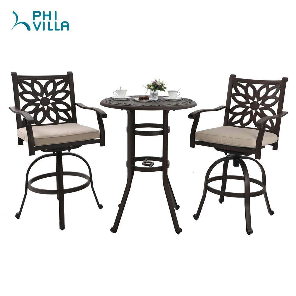 PHI VILLA 32 Inch Round Cast Aluminum Outdoor Bar Table - 41 Inch Pub Height Patio Bistro Table for Garden, Lawn, Deck & Backyard - Weather-Resistant Brown High Top Dining Table for Outdoor Entertaining & Relaxation