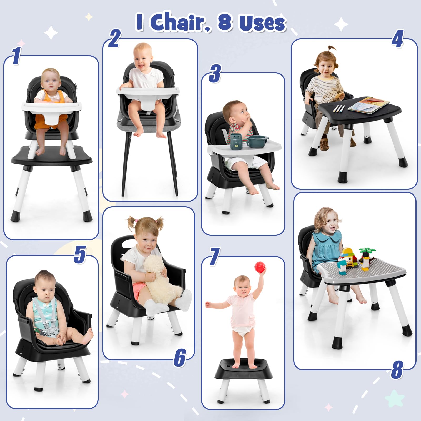 HONEY JOY 8-in-1 Convertible Baby High Chair for Toddlers - Multi-Functional Highchair, Booster Seat, Building Block Table & Stool with Safety Harness (Black) - Perfect for Dining, Playtime & Learning Activities