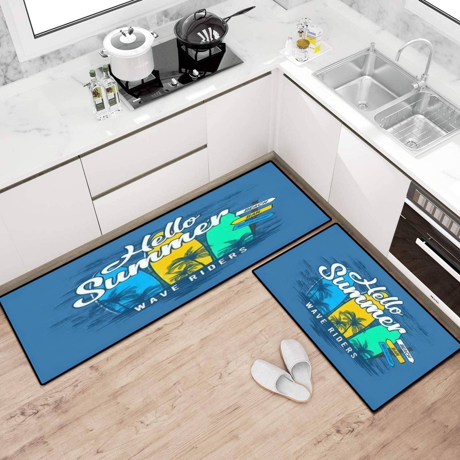 Non-Slip Washable Kitchen Rugs Set - Summer Wave Design Floor Mats for Kitchen, Bathroom & Entryway - Comfortable Standing Mats for Home Decor