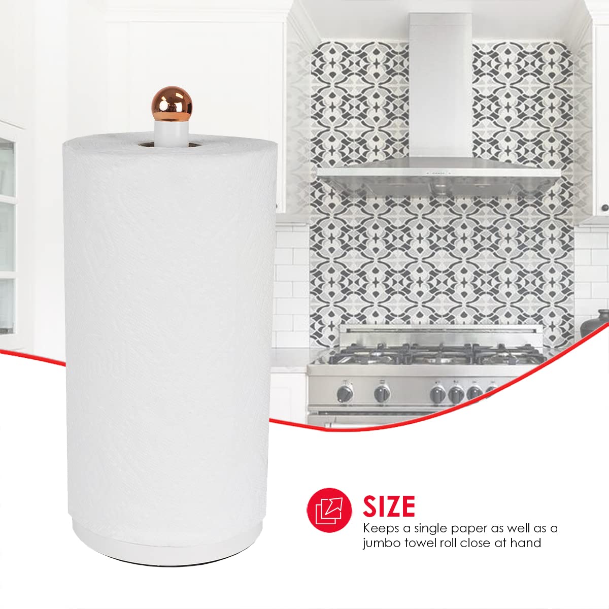 Home Basics Grove Free Standing Paper Towel Holder with Weighted Padded Base - White 13.5 Inch | Sturdy Kitchen Counter Organizer for Easy Access to Paper Towels