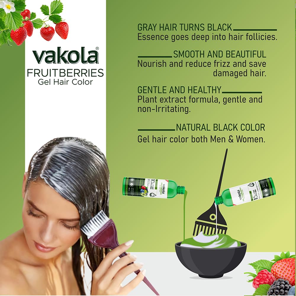 Vakola Natural Black Long Lasting Fruitberries Hair Color Gel with Vinegar Extract - Professional Hair Dye for Men & Women (100ml x 2 Pack: Black Gel + Developer) - Perfect for At-Home Hair Coloring & Salon-Quality Results