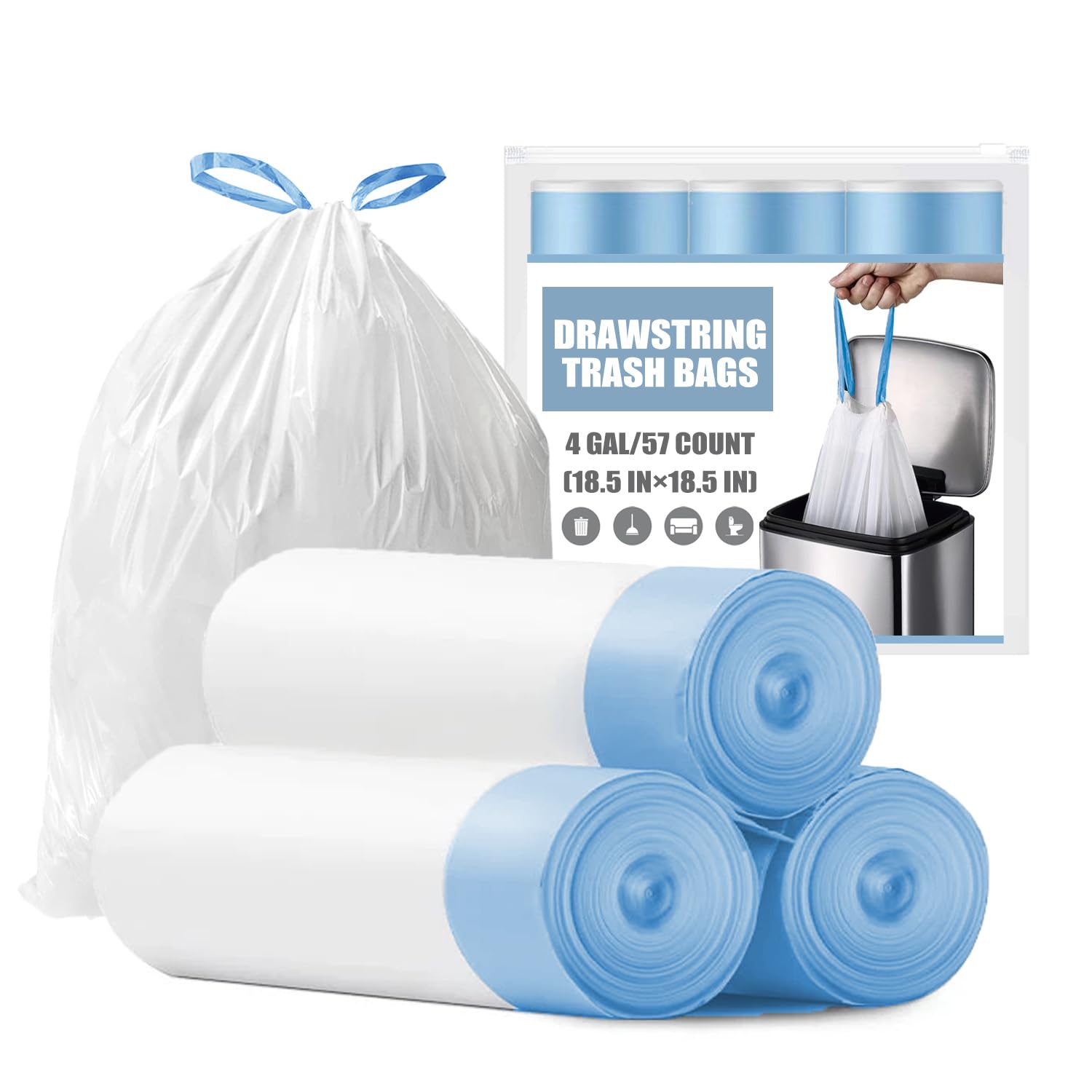4 Gallon Small Trash Bags with Drawstring - Unscented Tear-Resistant Bathroom Garbage Bags (57 Count, White) - Perfect for Bathrooms, Offices, Dorm Rooms & Small Spaces