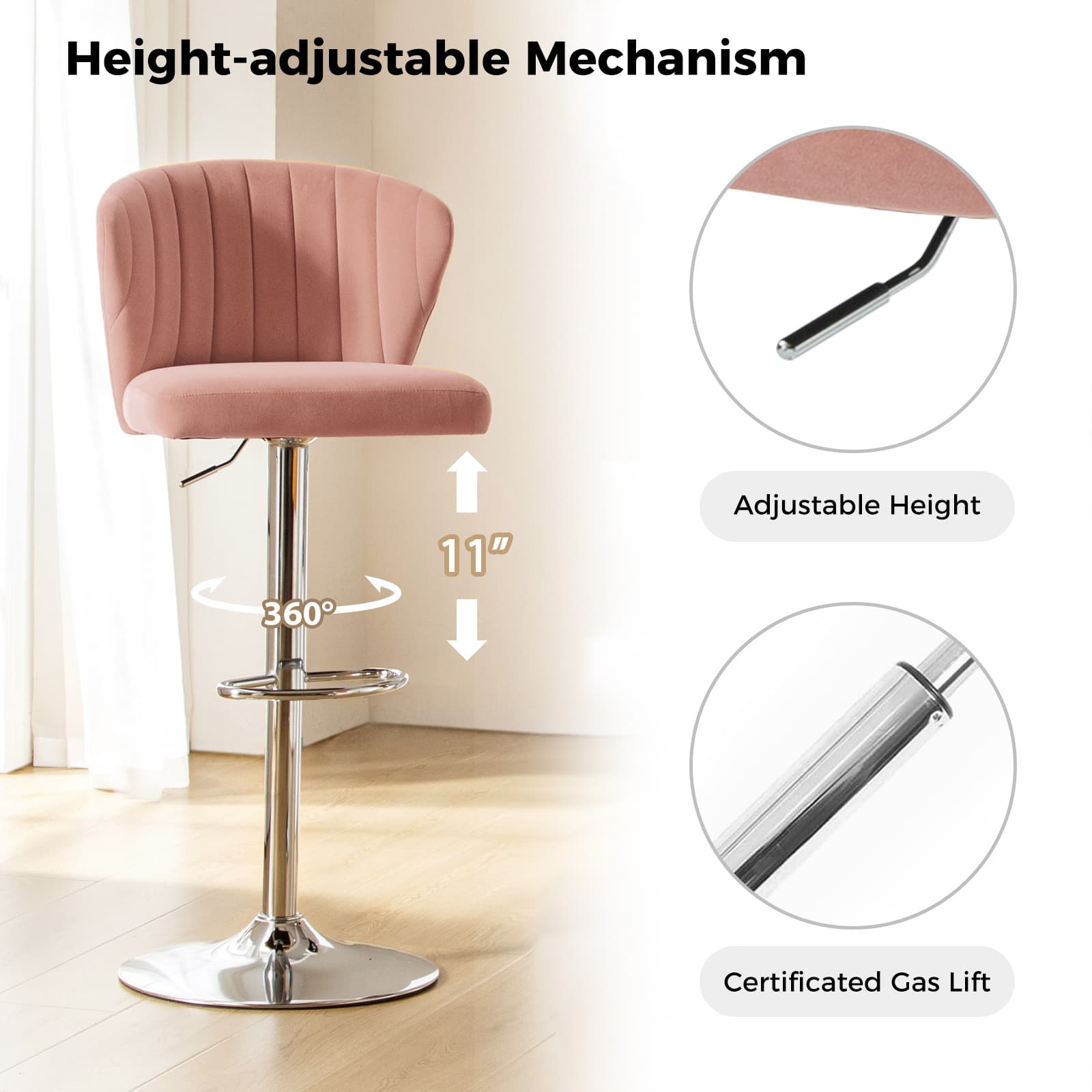 Geoff Modern Adjustable Swivel Bar Stool - Height Adjustable Kitchen Island Stool with 360° Rotation for Home, Office & Cafe Use