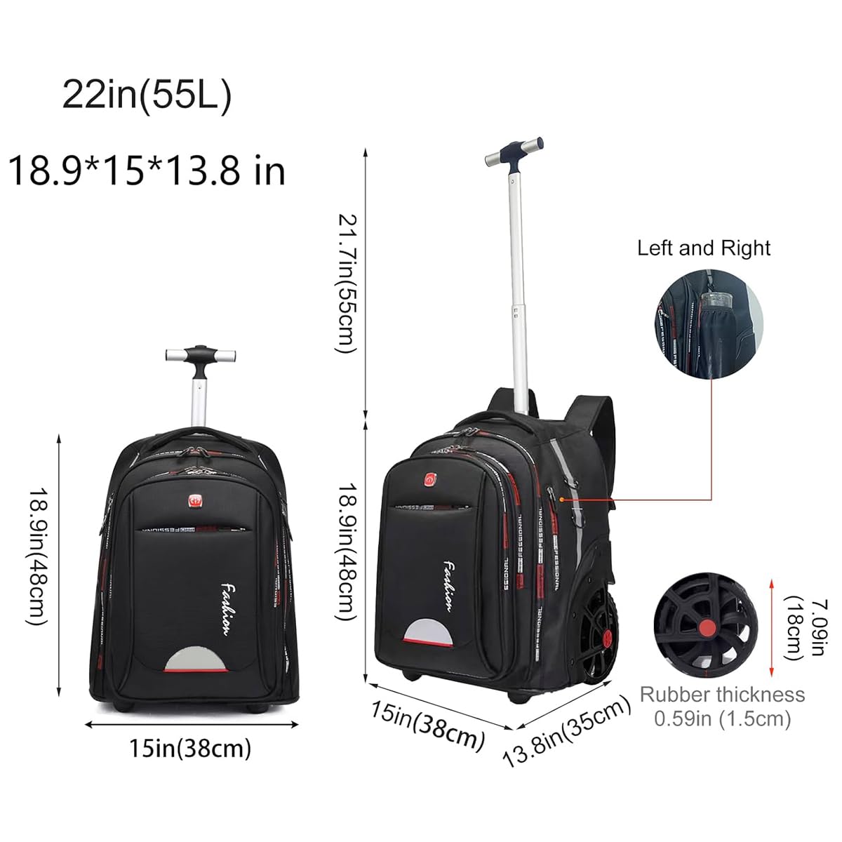 22 Inch Rolling Backpack with Wheels - Waterproof Wheeled Travel Backpack for Men & Women, Carry-On Luggage with Laptop Compartment Fits 17 Inch Laptop, Black - Perfect for Air Travel, Business Trips & School Use
