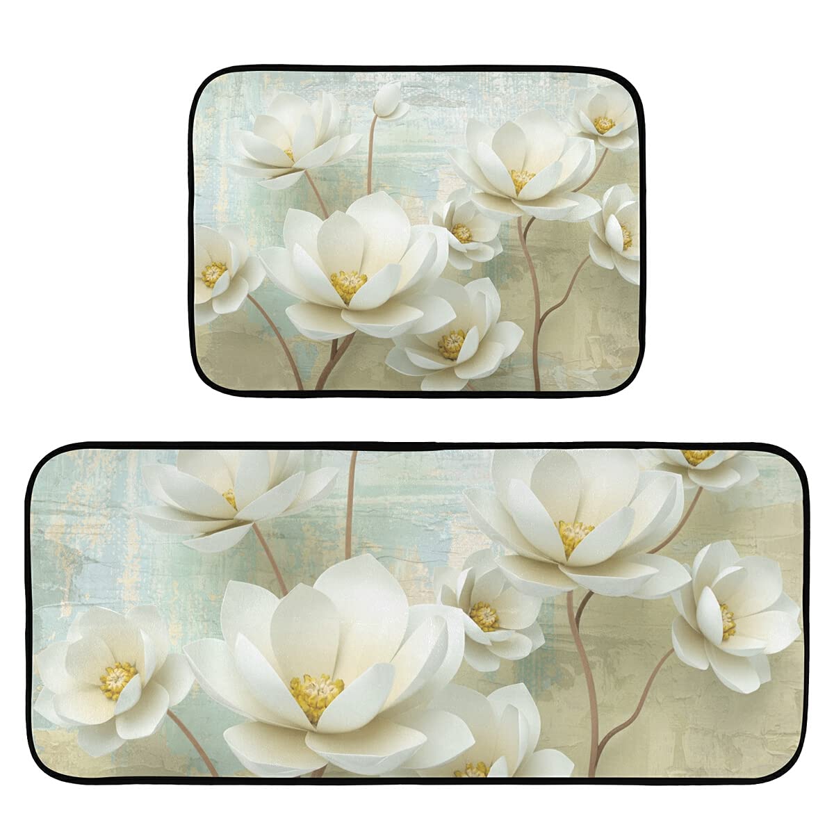 Non-Slip Washable 2-Piece Magnolia Flower Buds Kitchen Rug Set - Anti-Skid Floor Mats for Sink, Laundry & Home Decor | Perfect for Kitchen Runner, Entryway & High-Traffic Areas
