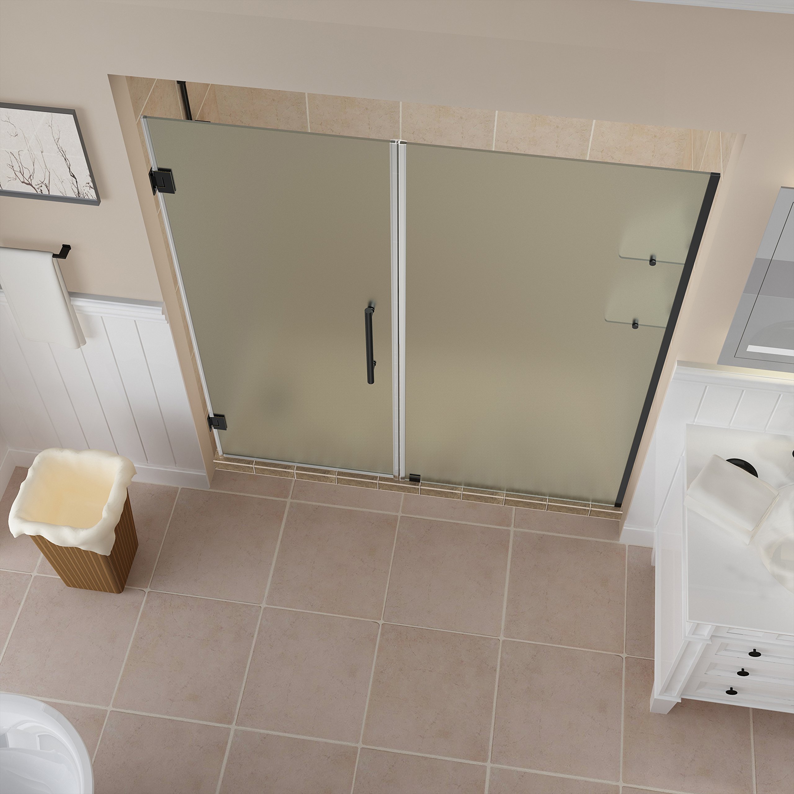 Frosted Glass Frameless Hinged Shower Door with Shelves - Aston Belmore GS Series | Modern Bathroom Upgrade for Spa-Like Experience