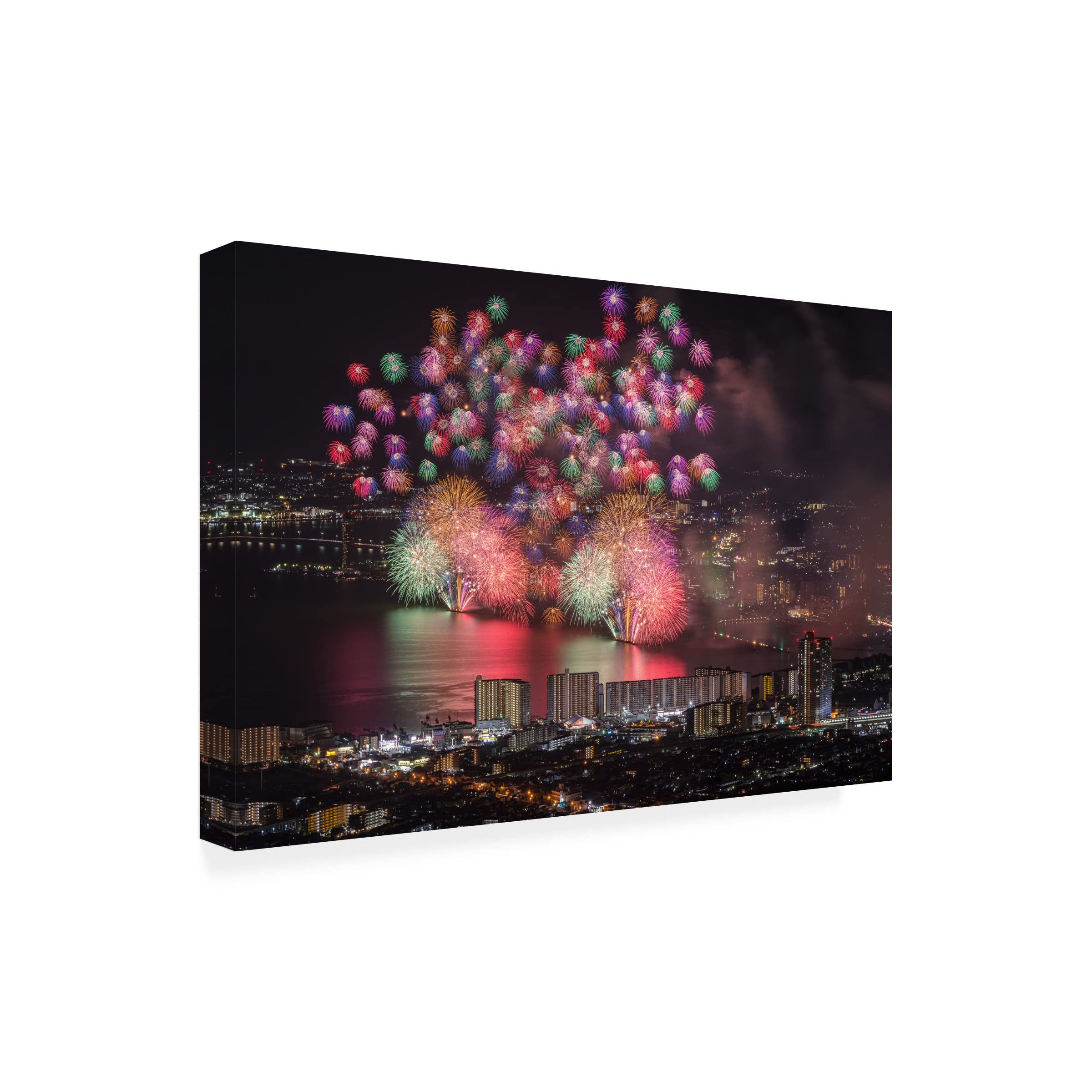 Trademark Fine Art 'Lake Biwa Fireworks' Canvas Print by Tatsuki Ito - Japanese Landscape Wall Art for Living Room, Bedroom & Office Decor