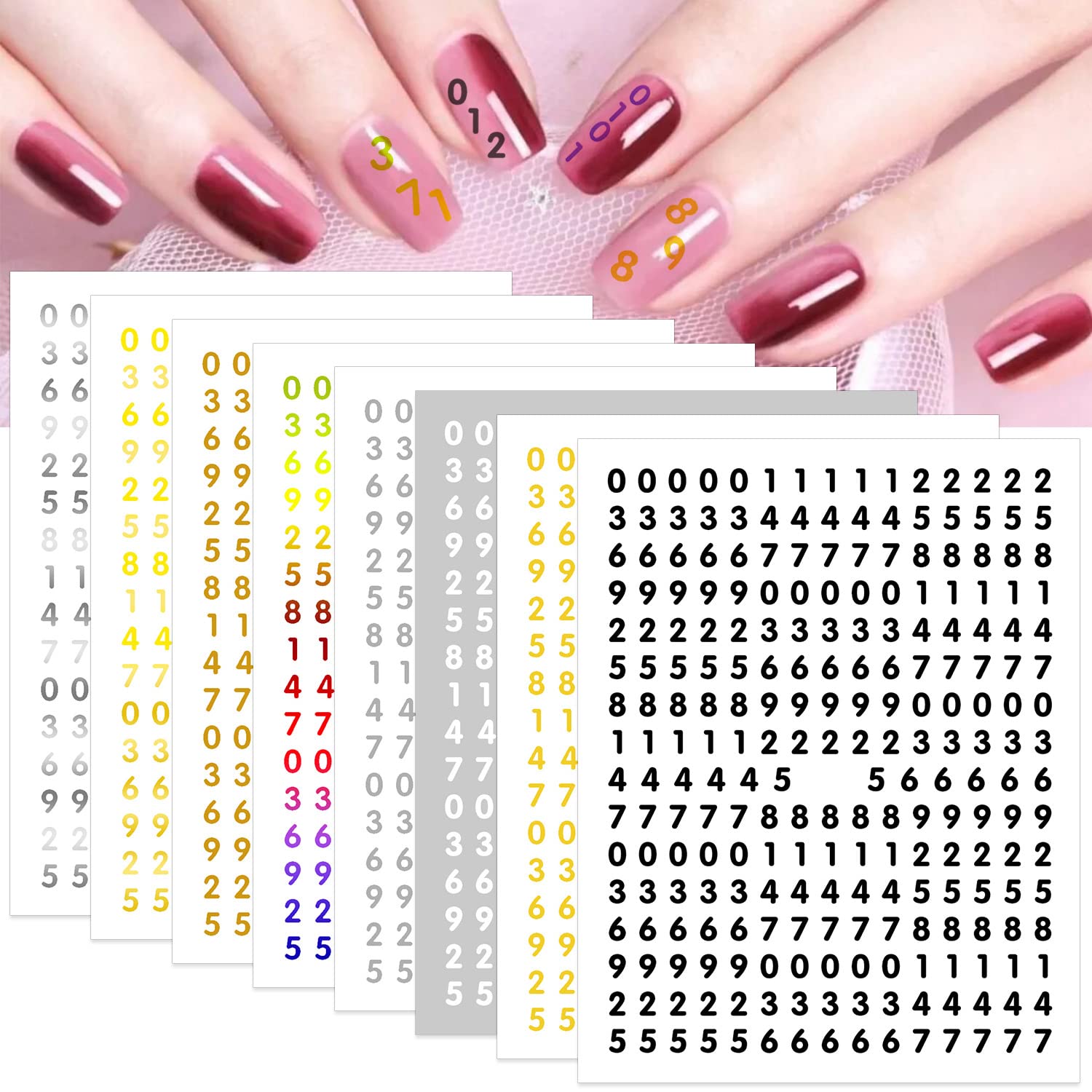 DANNEASY 8 Sheets Small Number Nail Art Stickers - Self Adhesive 3D Nail Decals for Women, Kids & Girls | Perfect for Nail Salon, DIY Manicure & Party Nail Designs