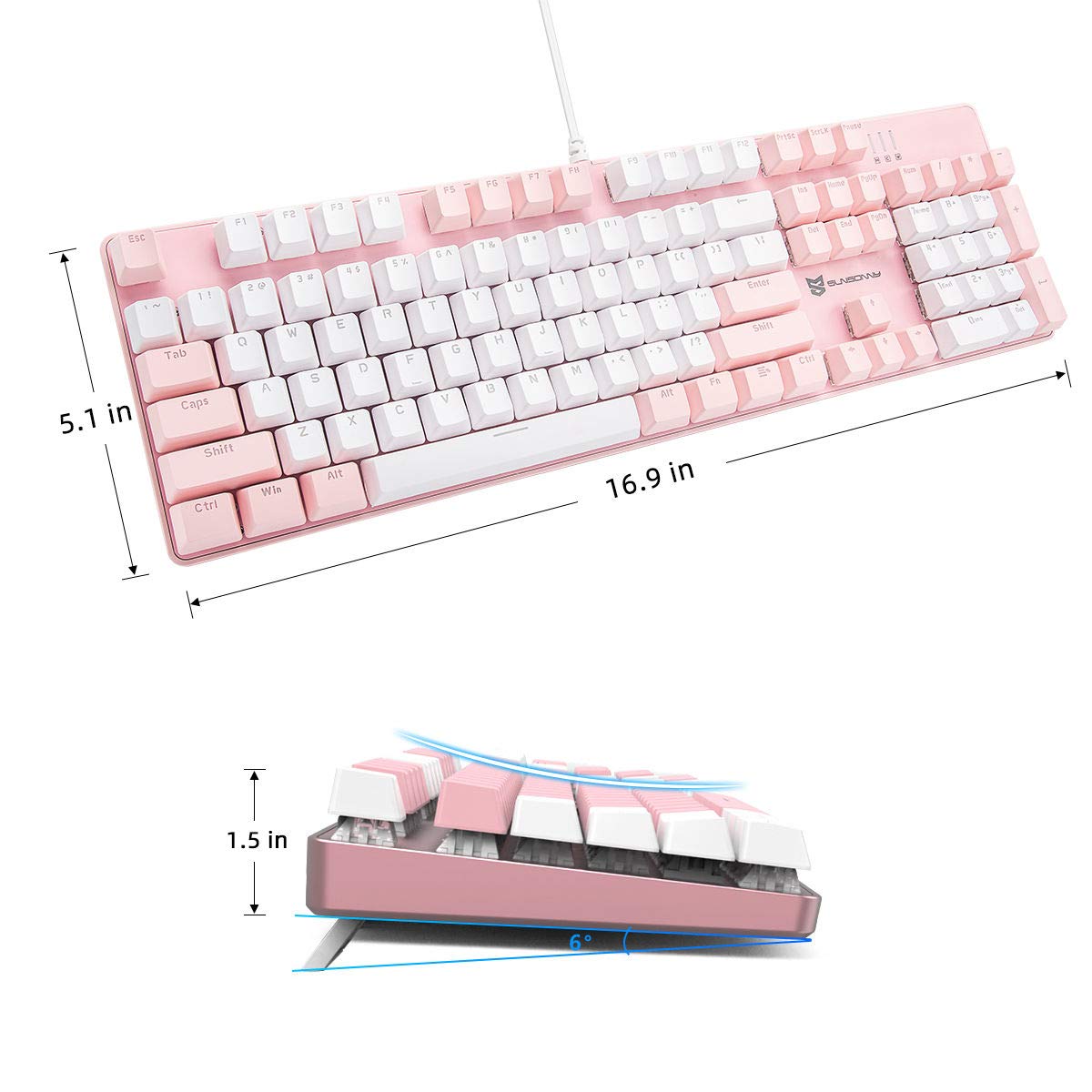 Qisan Mechanical Gaming Keyboard - Wired LED Backlit Keyboard (Pink & White) - 104 Key US Layout with Detachable Wrist Rest & Brown Switches - Perfect for PC Gaming, Typing & Office Work