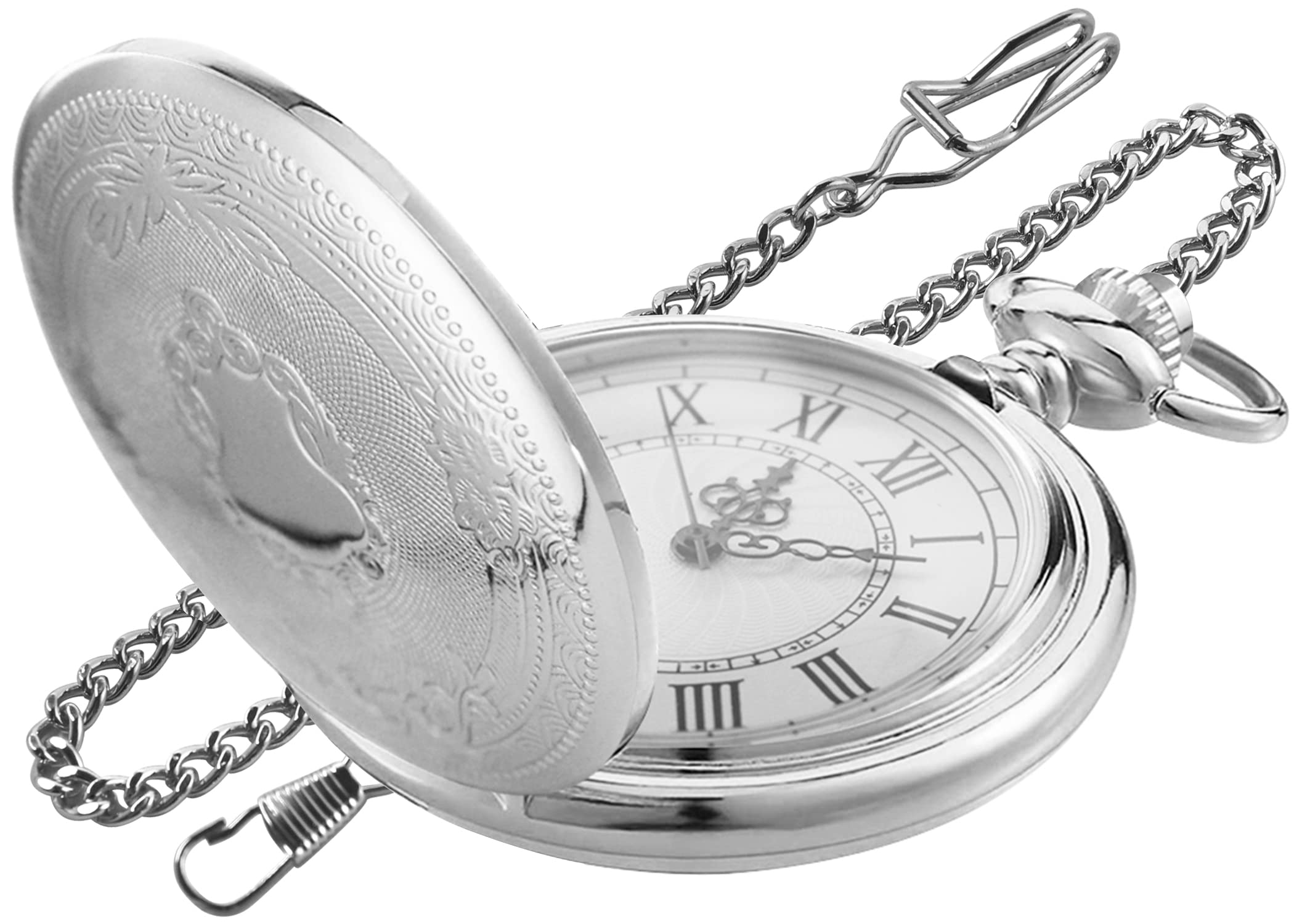 Vintage Roman Numeral Quartz Pocket Watch - Silver Smooth Round Case, White Dial with Belt Clip Chain - Perfect for Steampunk Costumes, Weddings & Collectors