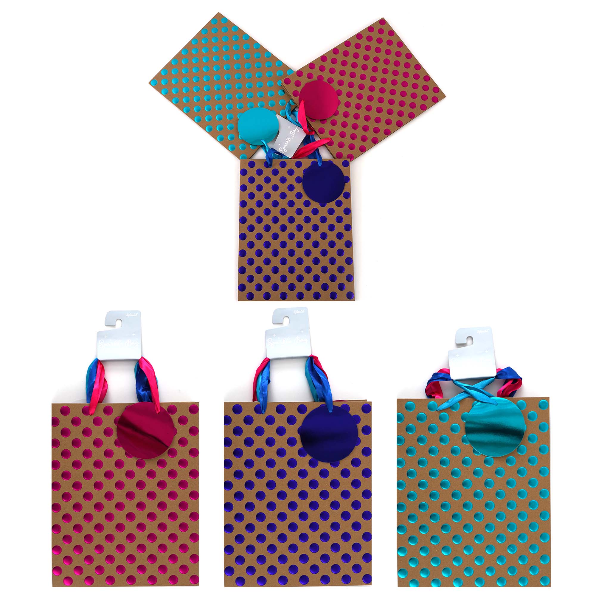 3-Pack Large Krafty Dots Kraft Hot Stamp Embossed Gift Bags - 3 Colors for Party Favors, Wedding Decorations & Holiday Packaging