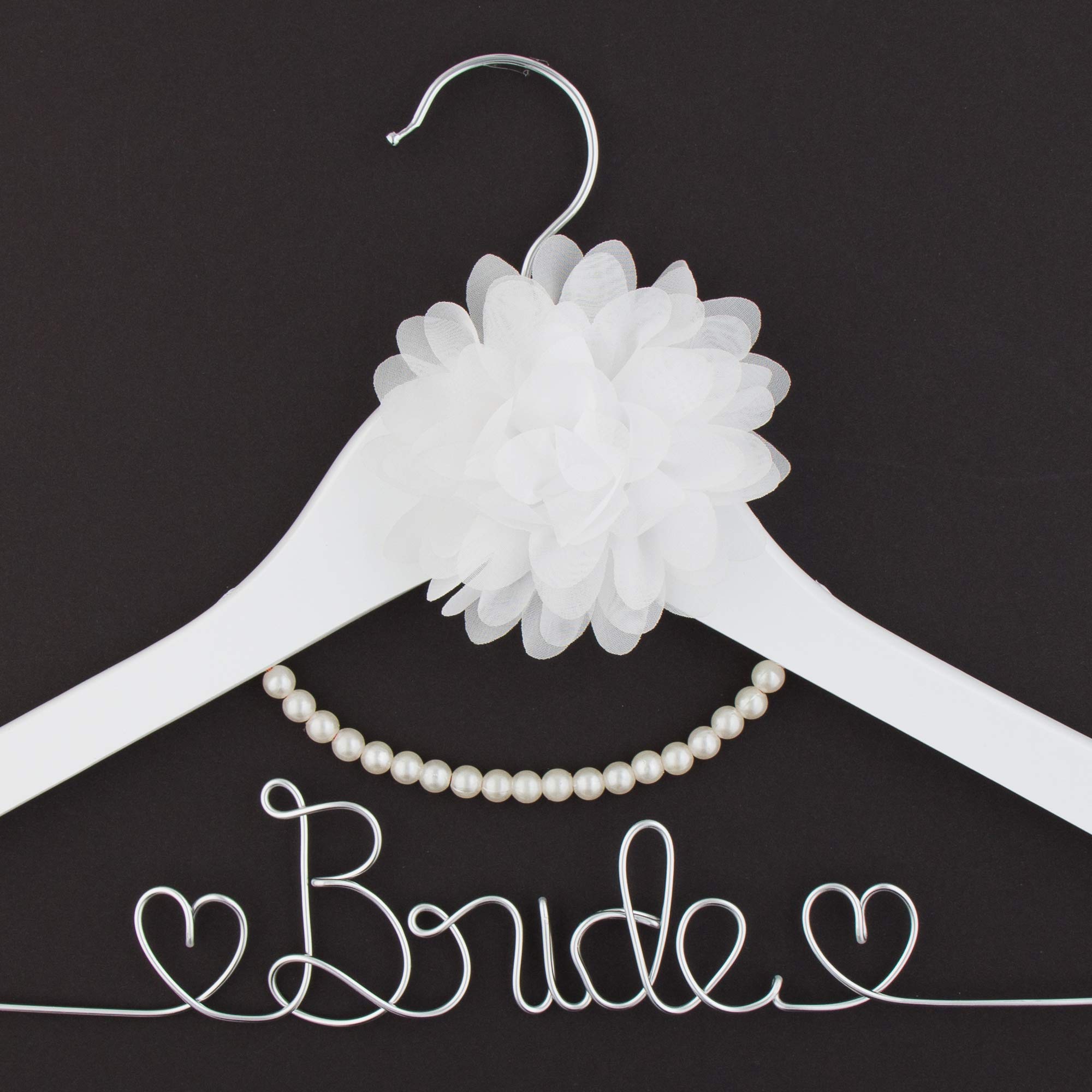 Elegant Wooden & Wire Wedding Dress Hanger for Brides - White with Silver Wire & Pearl Accents | Perfect for Bridal Gowns, Dresses & Photo Shoots