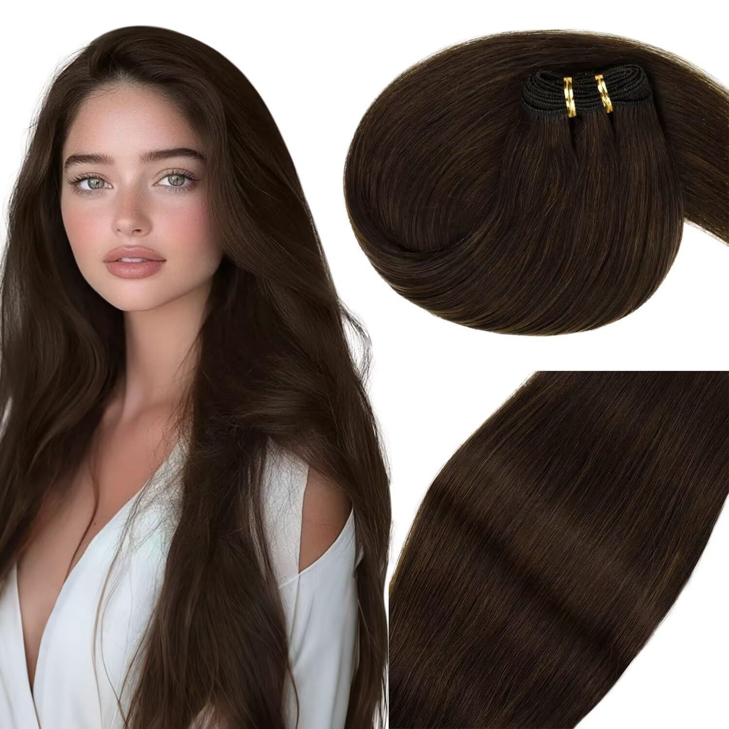 Vivien Real Human Hair Extensions 18 Inch Dark Brown Straight Sew-In Weft 100G for Women - Full Head Thick Natural Hair for Daily Styling & Special Occasions