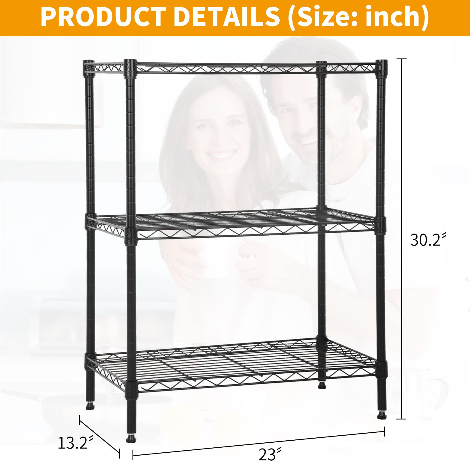 3-Tier Adjustable Wire Metal Shelving Unit with Leveling Feet - Heavy Duty Storage Rack (450lbs Capacity) - 13