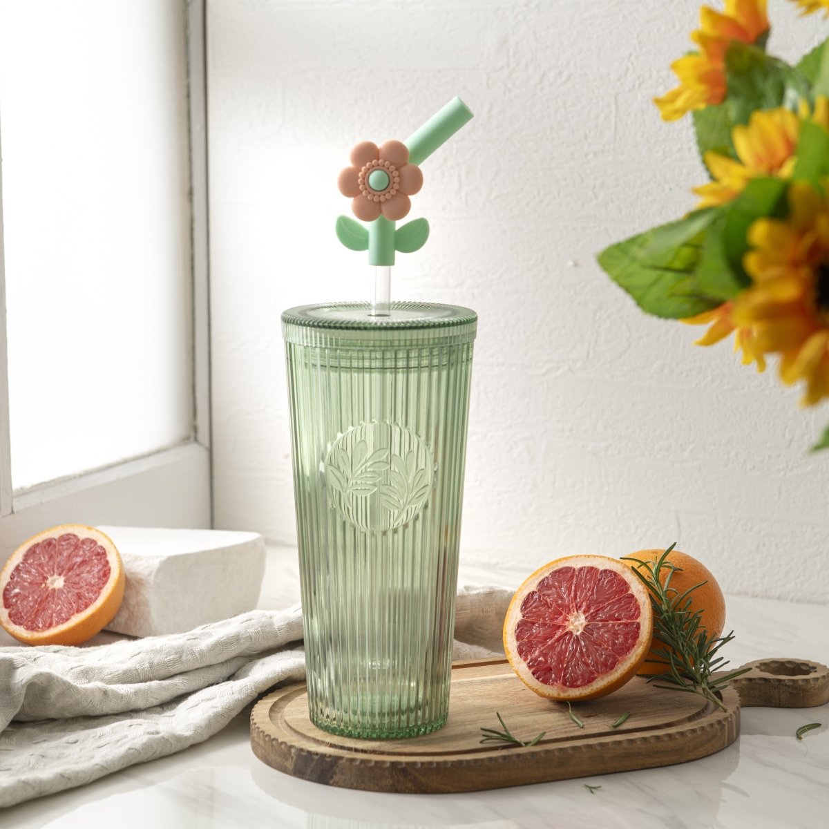 26oz Insulated Tumbler with Straw & Leak-Proof Lid - Cute Floral Silicone Straw Tips in Botanica Green - Perfect for Iced Coffee, Smoothies & Outdoor Activities