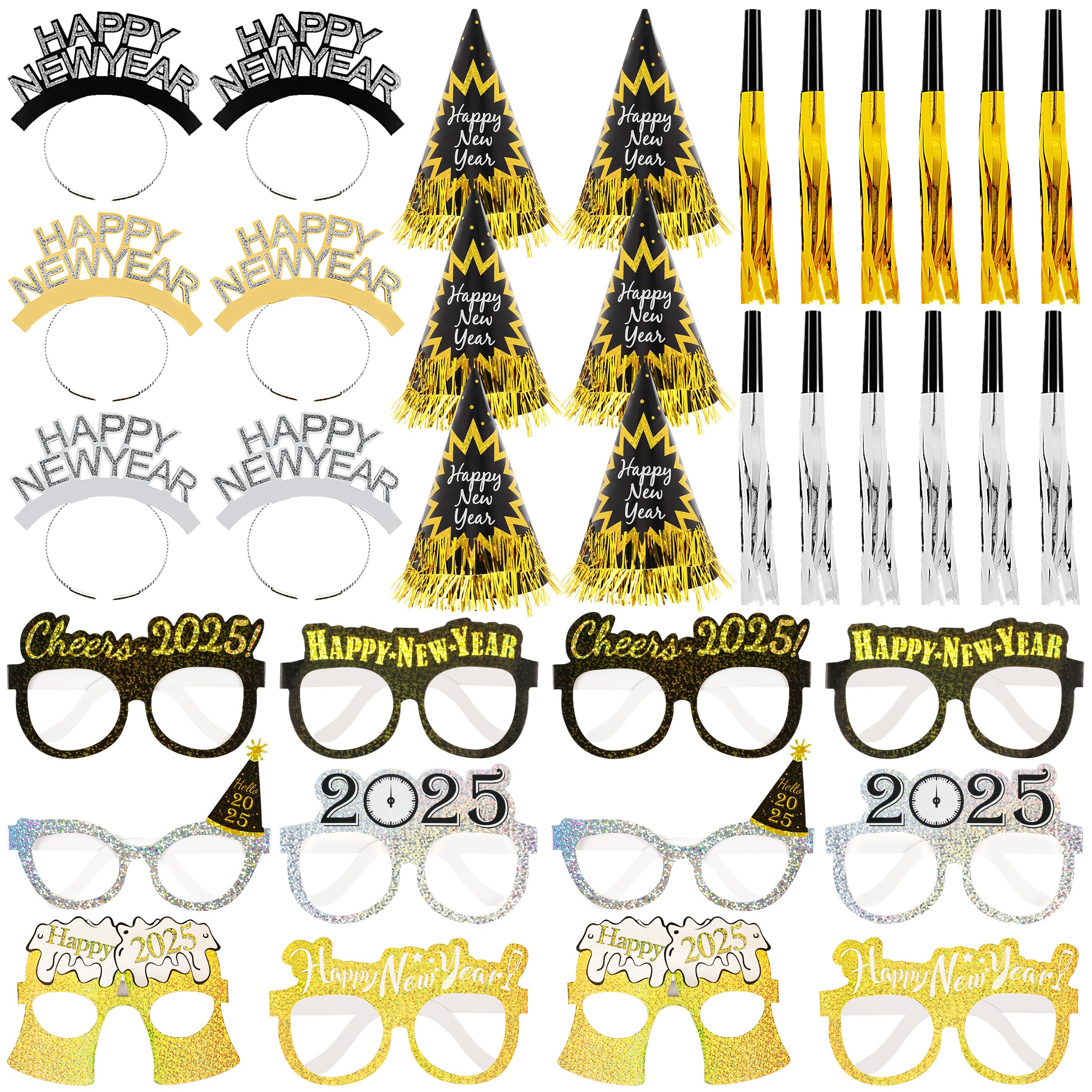 2025 New Year's Eve Party Supplies Kit - 36pcs Black Gold Silver Headbands, Noise Makers, Cone Hats & Cheers Glasses - NYE Party Decorations & Accessories for Countdown Celebrations, Ball Drop Events & New Year's Eve Parties