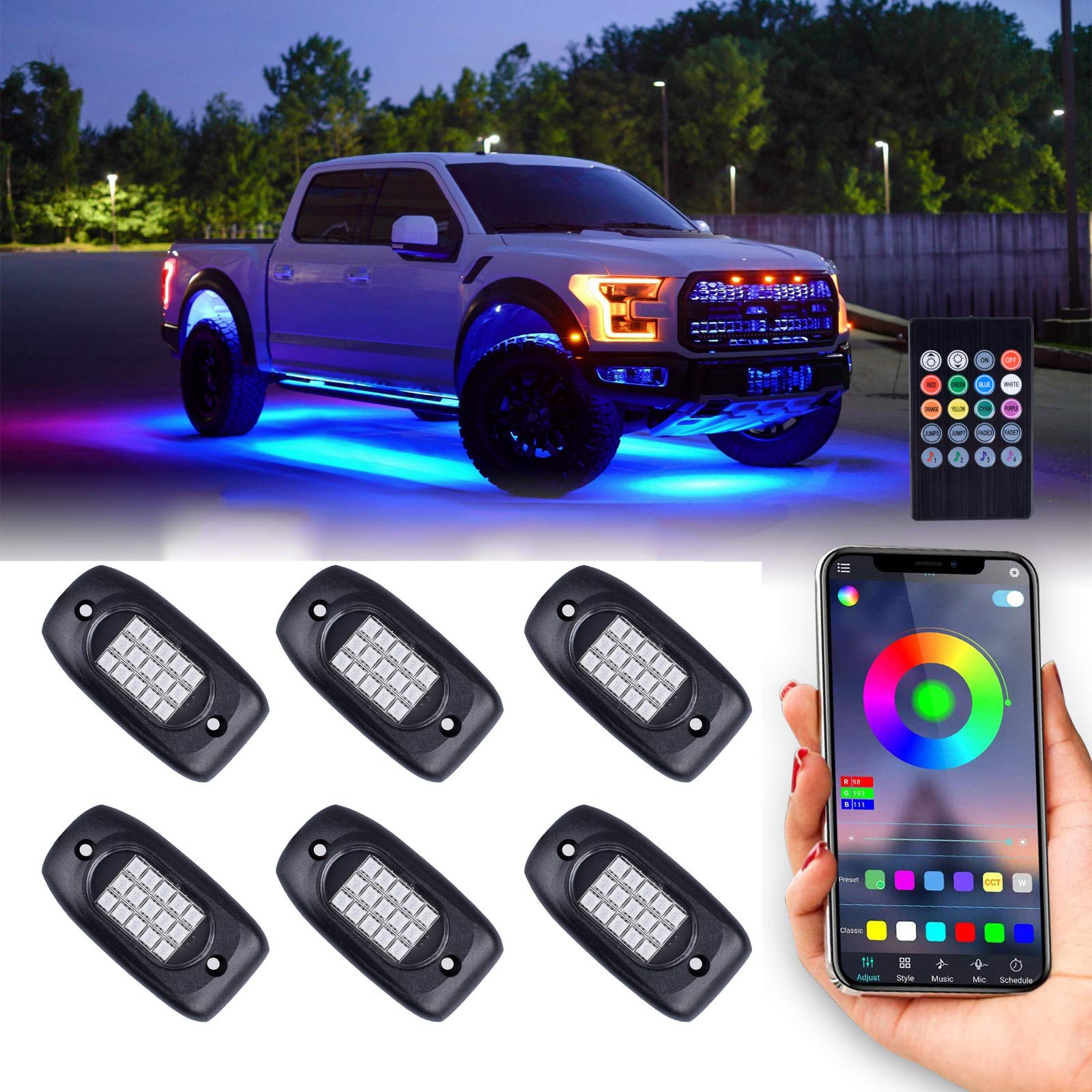 Waterproof RGB LED Rock Lights - 6Pcs Neon Underglow Lighting Kit with APP & Wireless Remote Control for Cars, Trucks, SUVs, Motorcycles | Customizable Color Changing Exterior Wheel Lights for Off-Roading, Night Driving & Car Shows