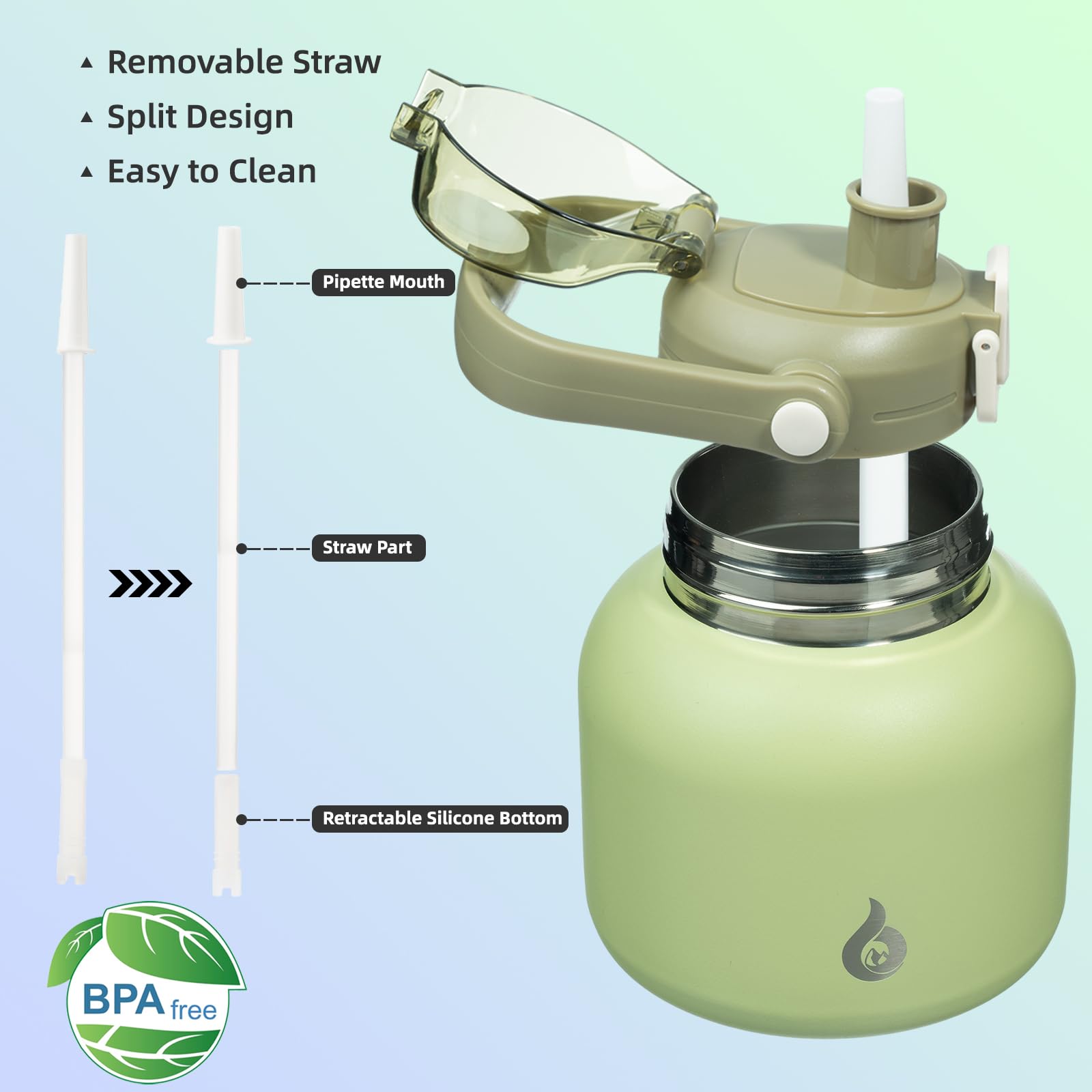 BPA Free 27 oz Insulated Stainless Steel Water Bottle with Straw & Handle - Leakproof, Cute Light Green Thermos for Men & Women - Perfect for Gym, Hiking, Office & Outdoor Activities