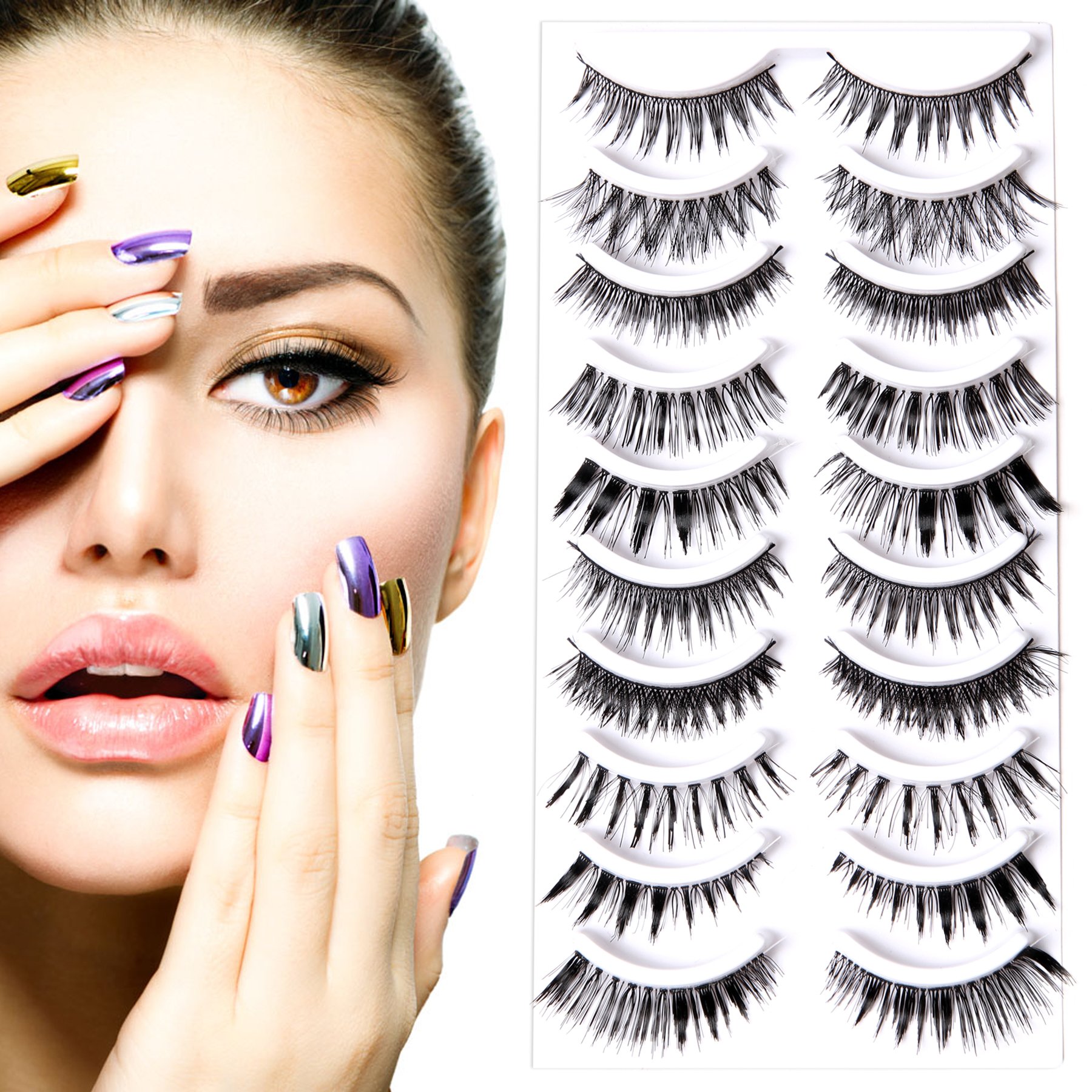 10 Styles 20 Pairs Natural Looking Reusable False Eyelashes - Black Long Thick Handmade Soft Eyelash Extensions for Dramatic Makeup & Party Looks | Perfect for Weddings, Cosplay, and Night Out Glam