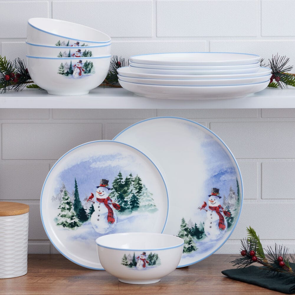 Snowman Forest 12-Piece Dinnerware Set for 4 - Holiday Dinner Plates, Bowls & Mugs - Christmas Tableware for Family Gatherings & Festive Celebrations