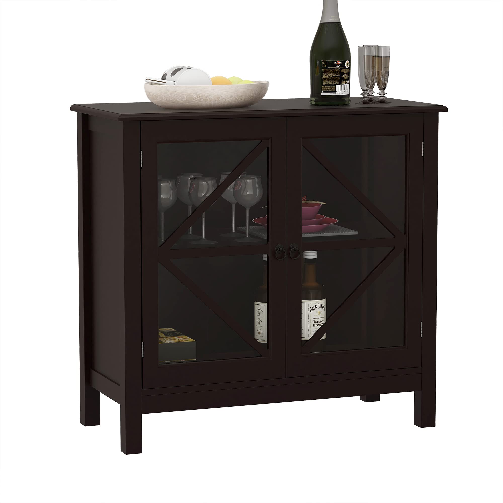 Scoomor Accent Storage Cabinet with Glass Doors - Small Buffet Sideboard for Kitchen, Dining Room & Entryway - Brown Wooden Console Cabinet for Home Decor & Organization