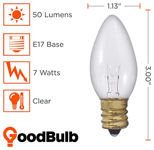 GoodBulb 7-Watt C9 Clear Christmas Light Bulbs - Pack of 25, Warm White 50 Lumens, E17 Intermediate Base - Perfect for Holiday Decorations, Indoor/Outdoor Christmas Trees, Roofs & Home Decoration