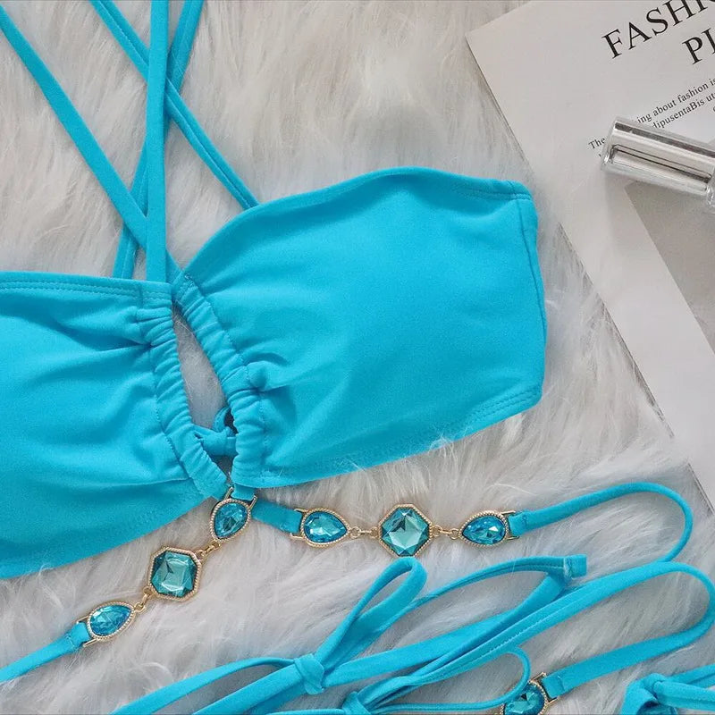 2024 Sexy Rhinestone Bandage Push Up Bikini Set - Women's Brazilian Halter Two Piece Swimsuit for Beach, Pool Party & Summer Vacation