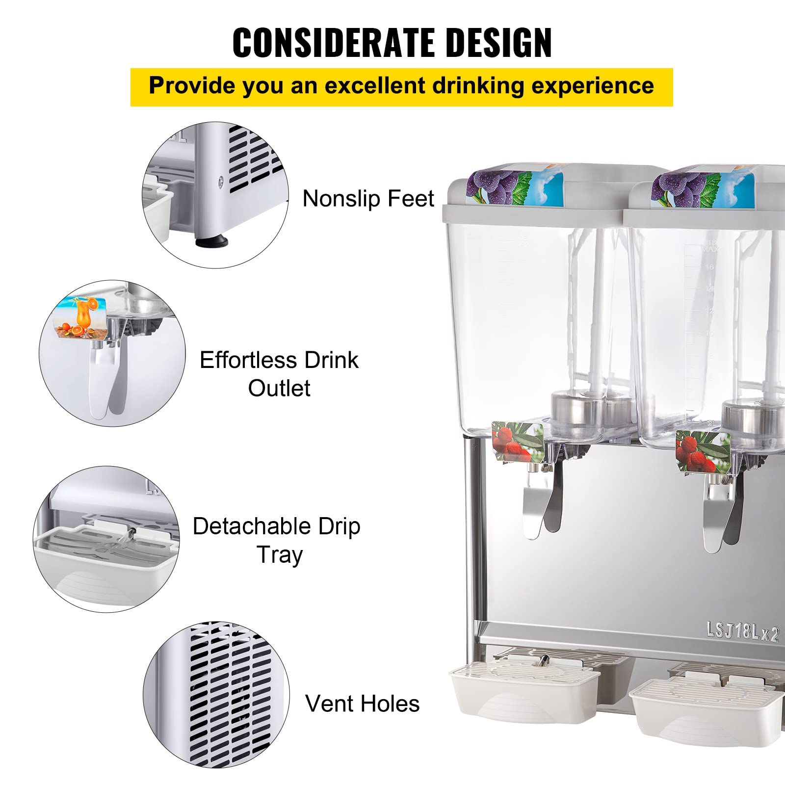 VEVOR 110V Commercial Beverage Dispenser - 9.5 Gallon (36L) Dual Tank Juice Dispenser with Thermostat Control - 18L Per Tank, 300W Stainless Steel Food Grade Drink Dispenser for Iced Tea, Lemonade & Party Drinks - Perfect for Restaurants, Cafes & Catering Events