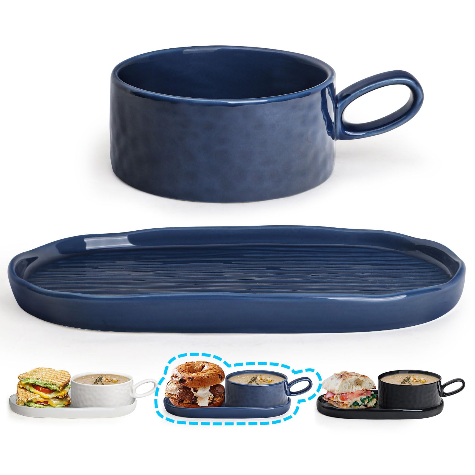 Ceramic Soup Bowl with Handle & Salad Plate Set - 18oz Microwave & Dishwasher Safe Soup Mug for Cereal, Pasta, Rice - Navy Blue Dinnerware Combo for Appetizers, Desserts, Sandwiches & Family Meals