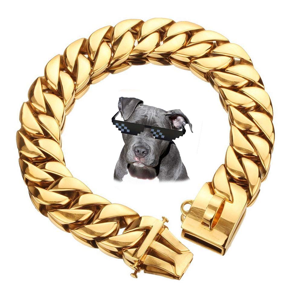 Stainless Steel 316L Dog Training Choke Collar - 32mm Heavy Duty Chain Necklace for Pitbull, Mastiff & Large Breeds - Gold 55cm - Perfect for Obedience Training & Hip Hop Style