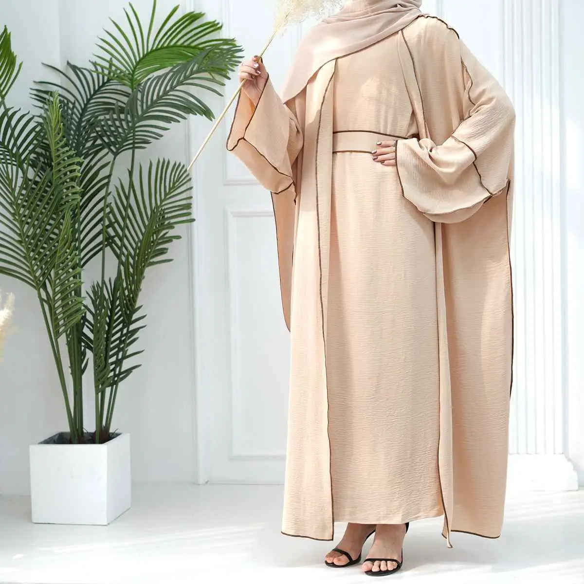 2-Piece Heavy Wrinkle Fabric Open Abaya Dress Set for Women - Modest Muslim Prayer Dress with Long Sleeves - Perfect for Eid, Ramadan & Special Occasions