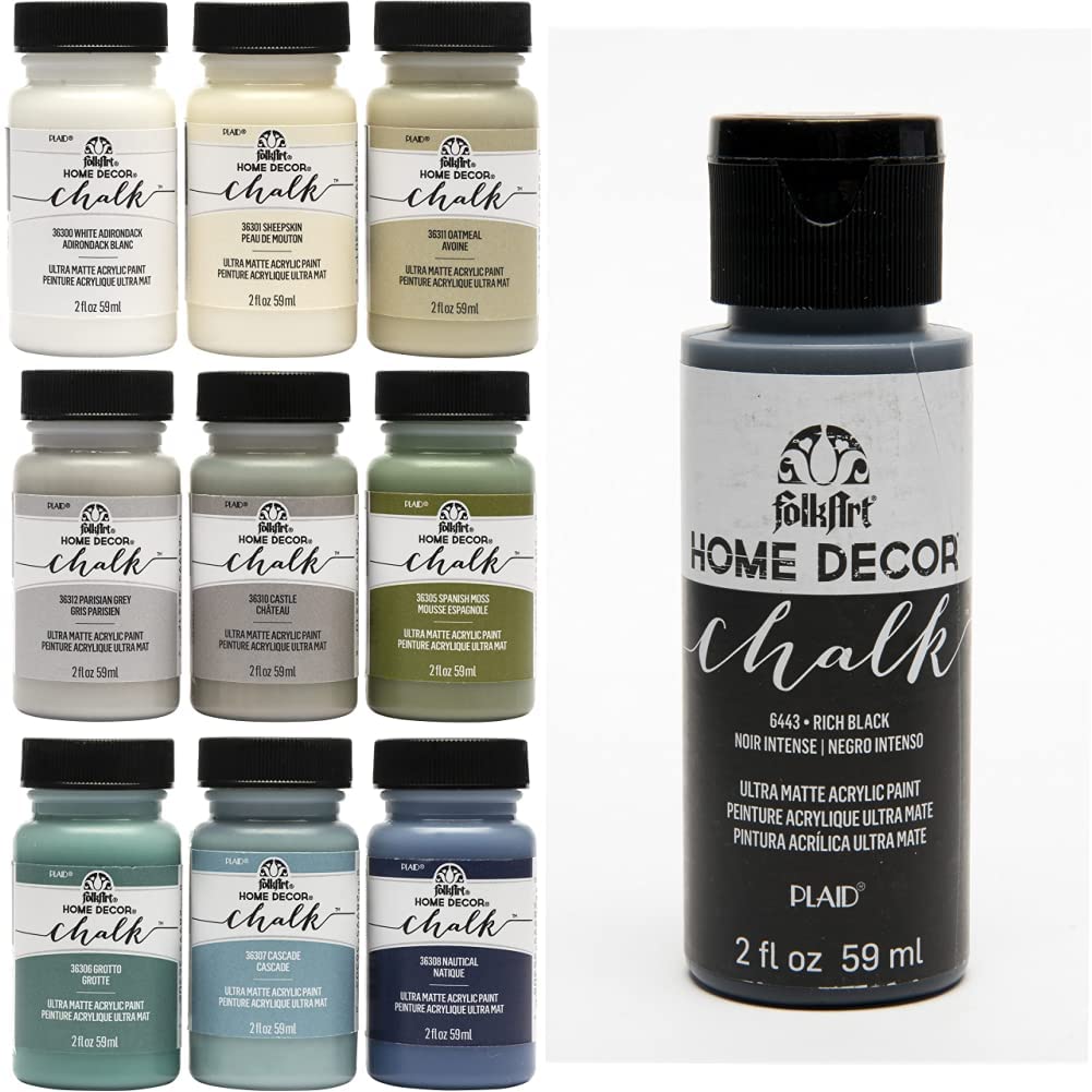 FolkArt Ultra Matte Chalk Finish Acrylic Paint Set - 2 oz Rich Black & Assorted Colors for Furniture, Home Decor & Crafts | Perfect for DIY Chalk Painting Projects, Upcycling Furniture & Creative Home Decorations