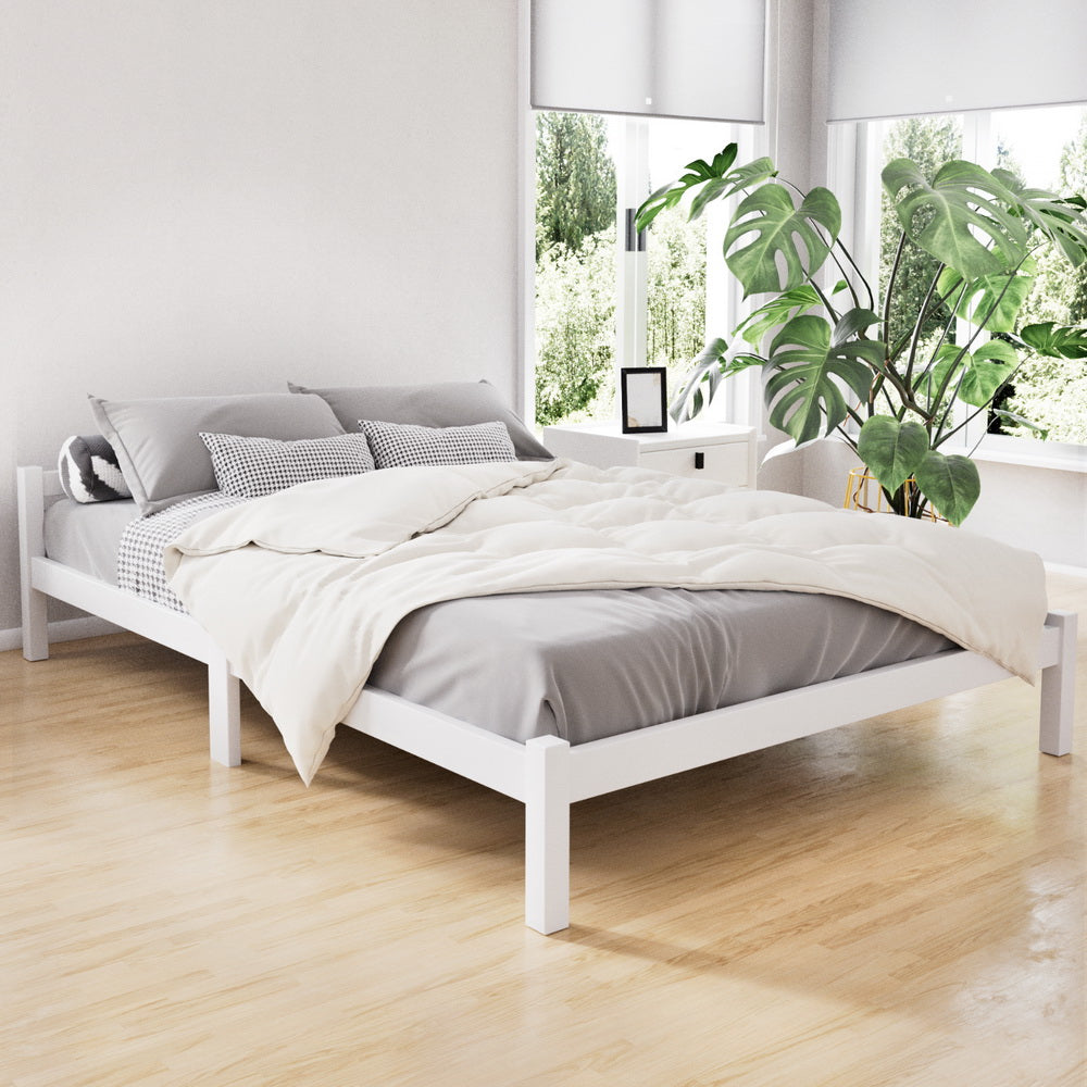 Gibson Solid Wood Double Bed Frame - Queen Size White Wooden Bed with Sturdy Slats & Easy Assembly - Perfect for Master Bedroom, Guest Room & Modern Home Decor