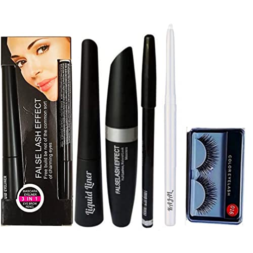 Waterproof Eyeliner & Mascara Set - 5-Piece Professional Eye Makeup Kit with Eyebrow Pencil, Kajal (Includes White Kajal & Lashes) for Long-Lasting Smokey Eyes & Party Looks