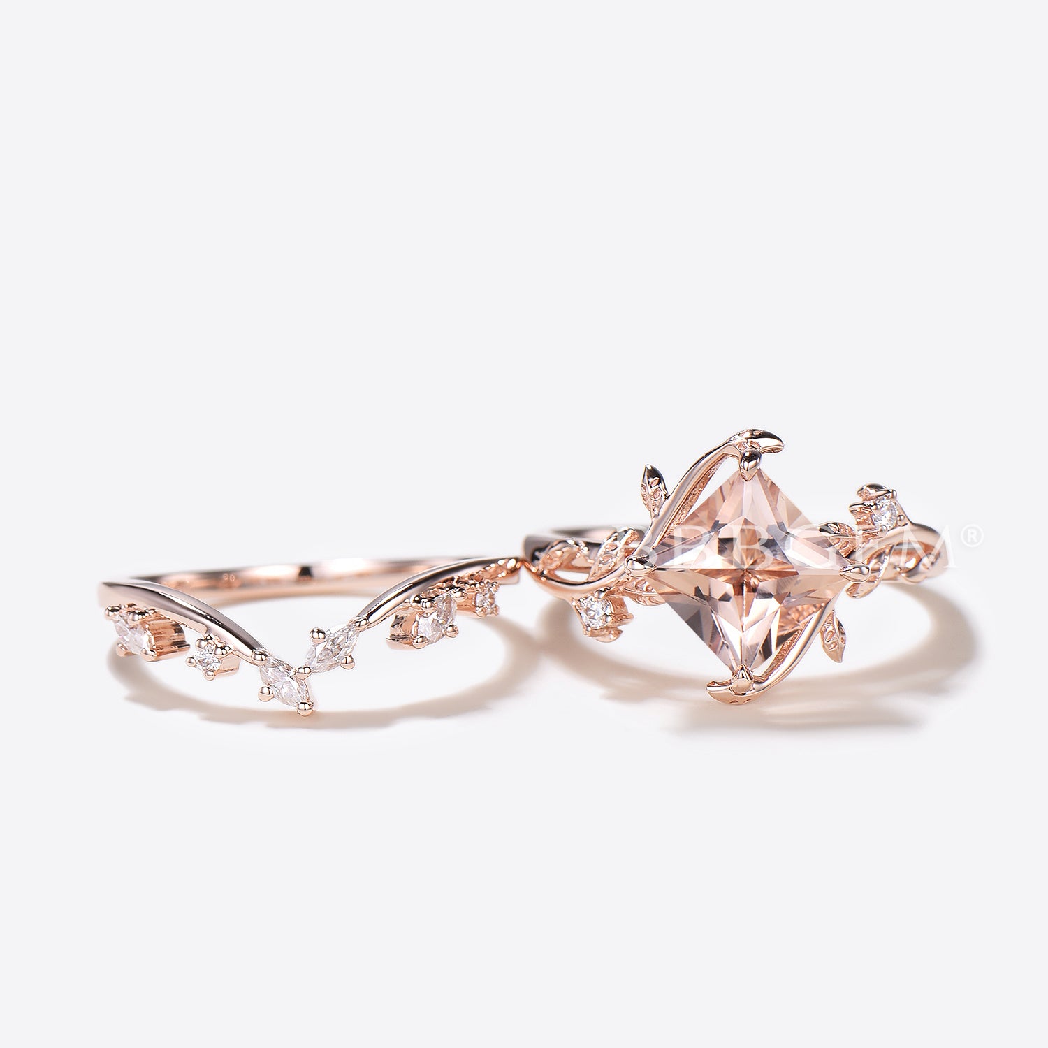 Princess Cut Morganite Leaf Engagement Ring with Diamond Accents - Nature Inspired Bridal Jewelry Set for Wedding, Proposal & Anniversary Gifts