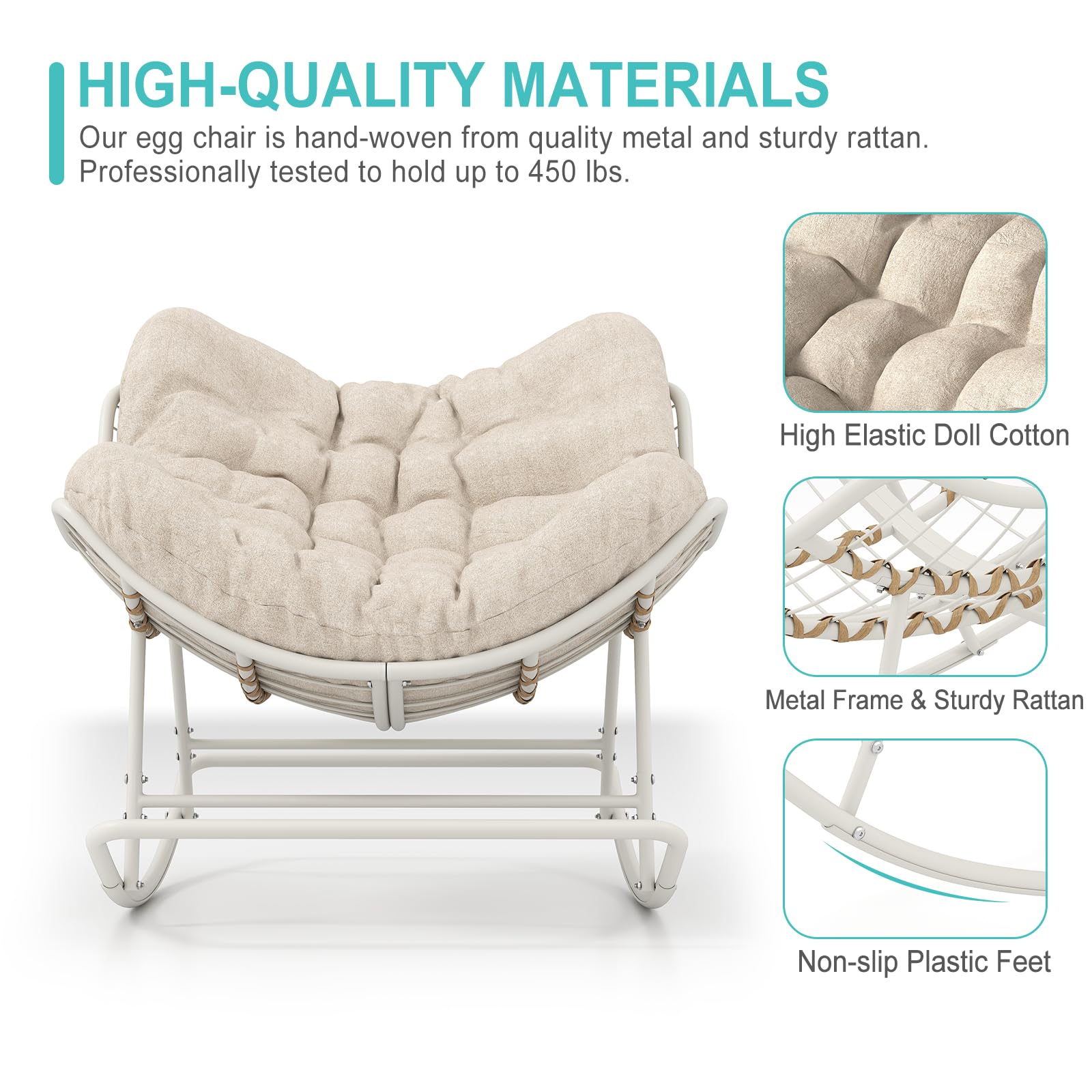 SWITTE Papasan Rocking Chair with Cushion - Oversized Egg Lounge Rocker for Indoor & Outdoor Use - Cream - Perfect for Patio, Garden, Living Room and Nursery Relaxation