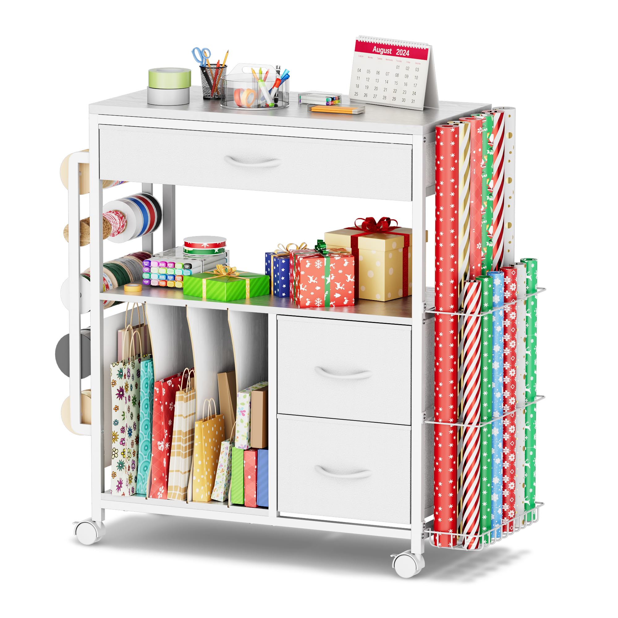 PUNLUXU Rolling Gift Wrap Storage Cart - Portable Wrapping Paper Organizer with Ribbon & Gift Bag Holder, Craft Storage Station for Home & Office (Patent Protected) - Perfect for Holiday Wrapping, Birthday Gifts & DIY Craft Organization