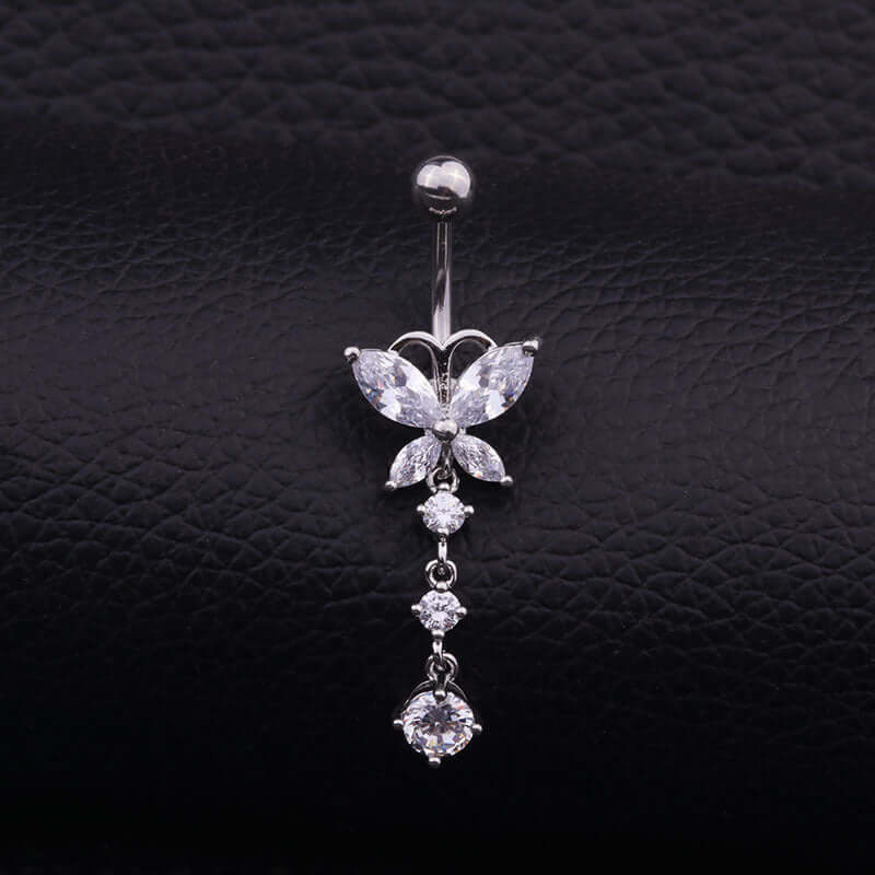 14G Surgical Steel Butterfly Belly Button Ring - Silver Dangle Navel Piercing Jewelry for Women | Perfect for Summer, Beach & Belly Dance Outfits