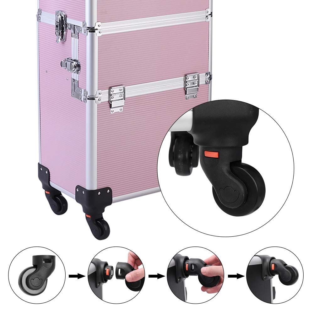 3 in 1 Professional Rolling Makeup Train Case - Aluminum Cosmetic Organizer with 4 Removable Wheels & Lockable Keys (Pink) | Perfect for Makeup Artists, Salon Professionals & Travel Cosmetics Storage