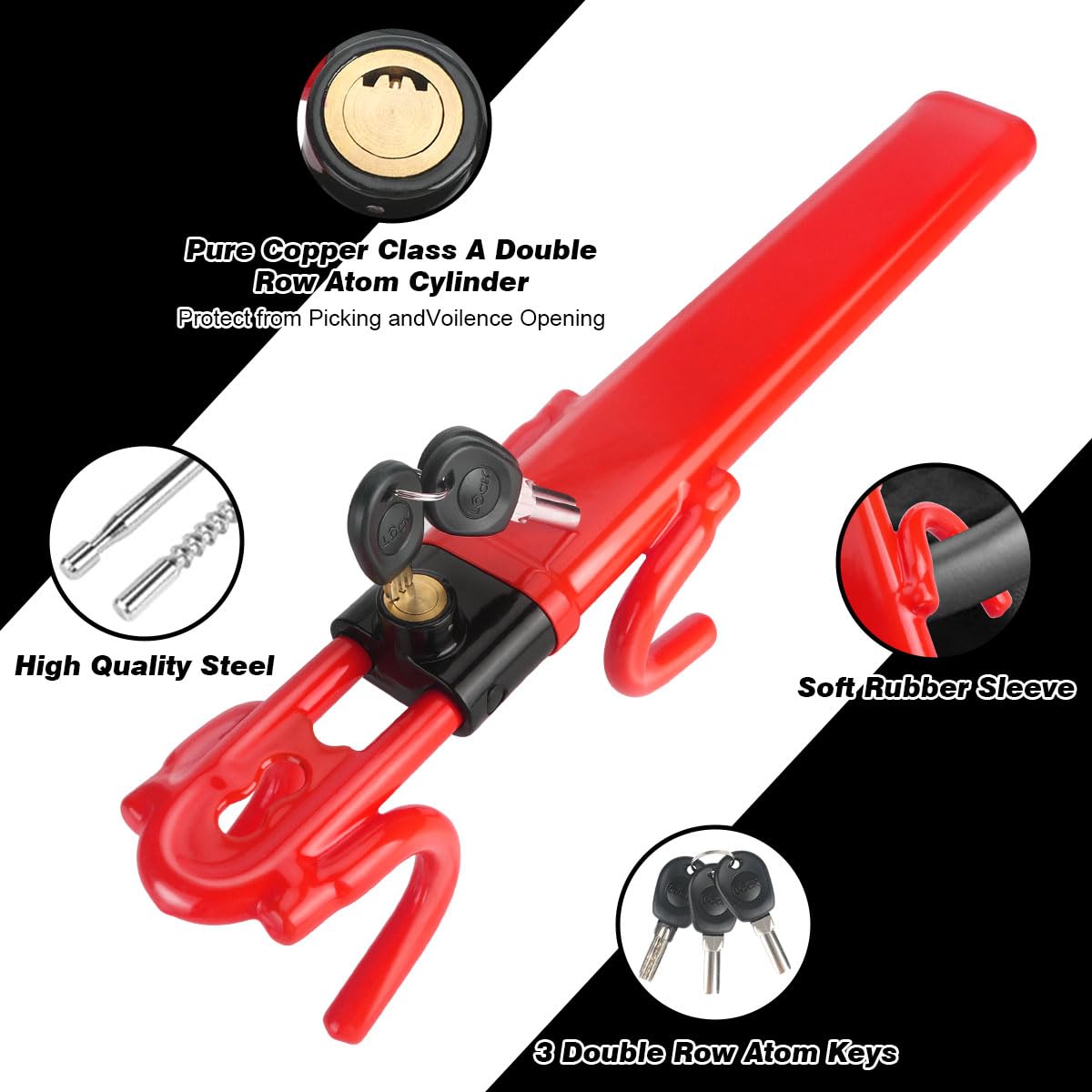 Heavy Duty Steering Wheel Lock - Anti-Theft Car Security Device with Adjustable Length Clamp & Double Row Atom Keys for Vehicle, Truck, SUV (3 Keys Included, Red) - Perfect for Parking Security & Theft Prevention