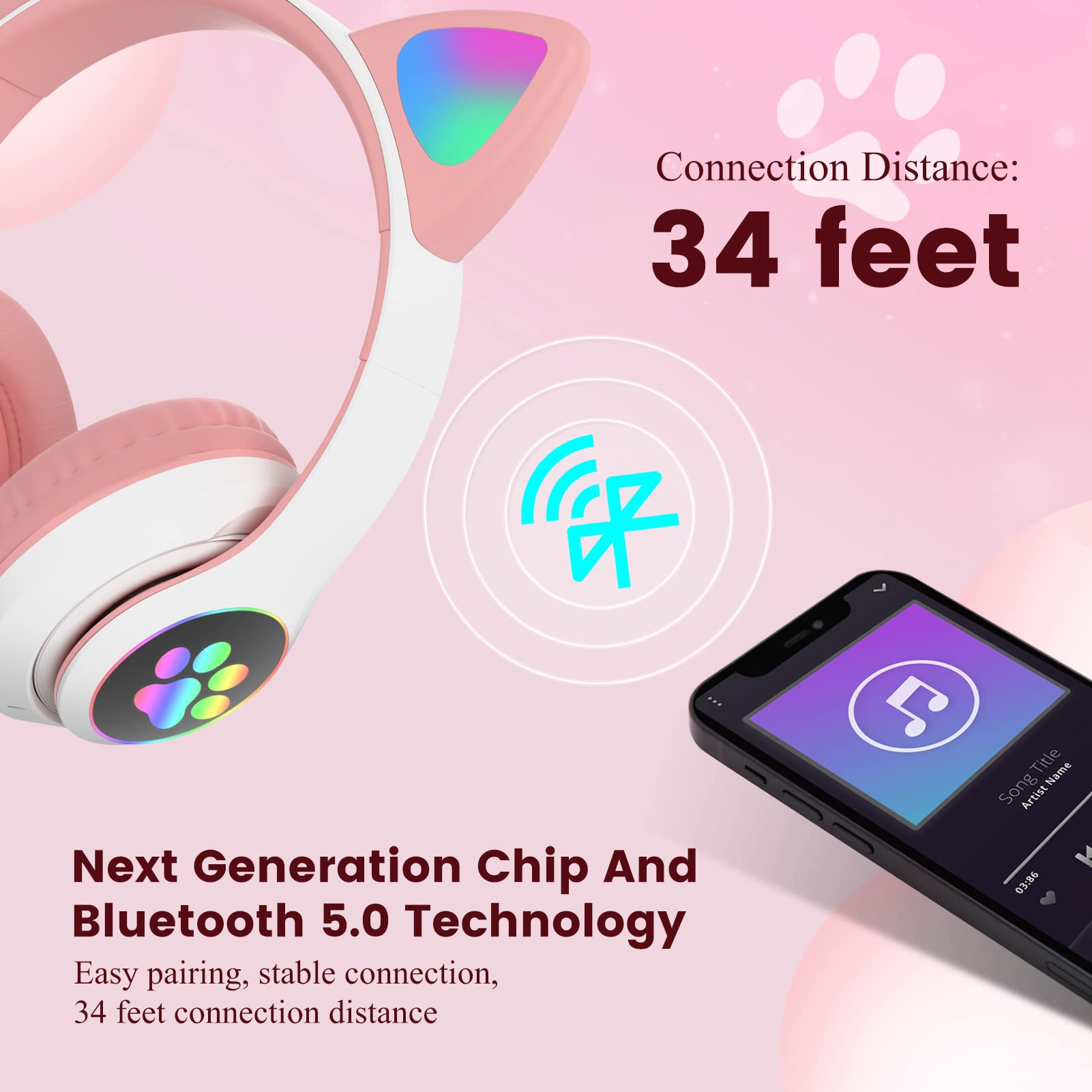 Best Wireless Kids Headphones with Microphone - Bluetooth Cat Ear Headphones for School, Girls & Boys (Pink) - Perfect for Online Learning, Travel & Entertainment