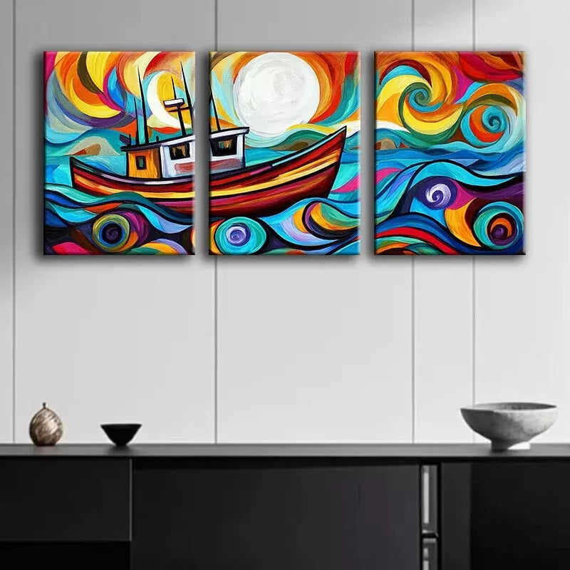 3-Piece Abstract Fishing Trawler Wall Art Set - Framed Canvas Prints 40x60cm - High Quality Australian Made Ready-to-Hang Decor for Living Room, Office & Coastal Home Decor