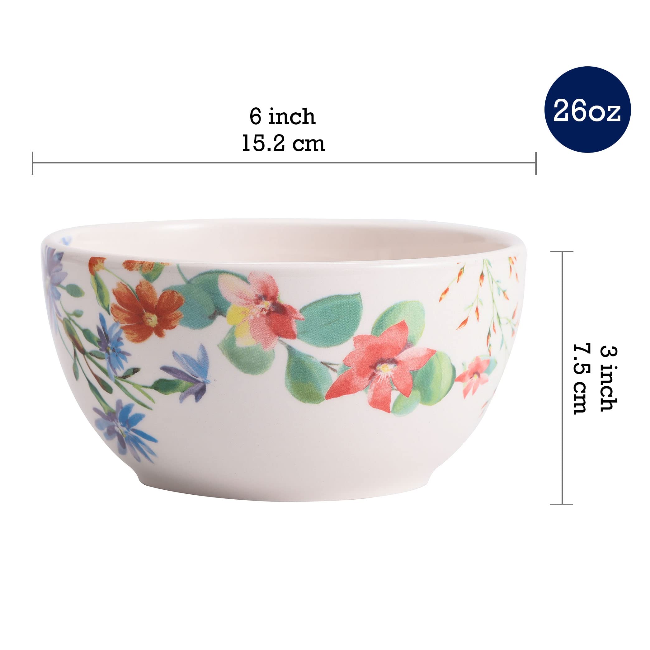 Bico Summer Provence Ceramic Bowls Set of 4 - 26oz Pasta, Salad, Cereal & Soup Bowls - Microwave & Dishwasher Safe - Perfect for Dining, Entertaining & Everyday Use